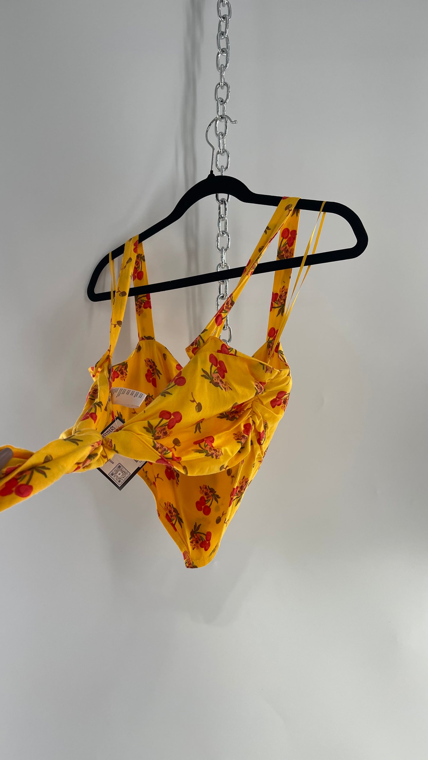 Urban Outfitters Yellow Cherry Printed Crop with Tie Back (Large)