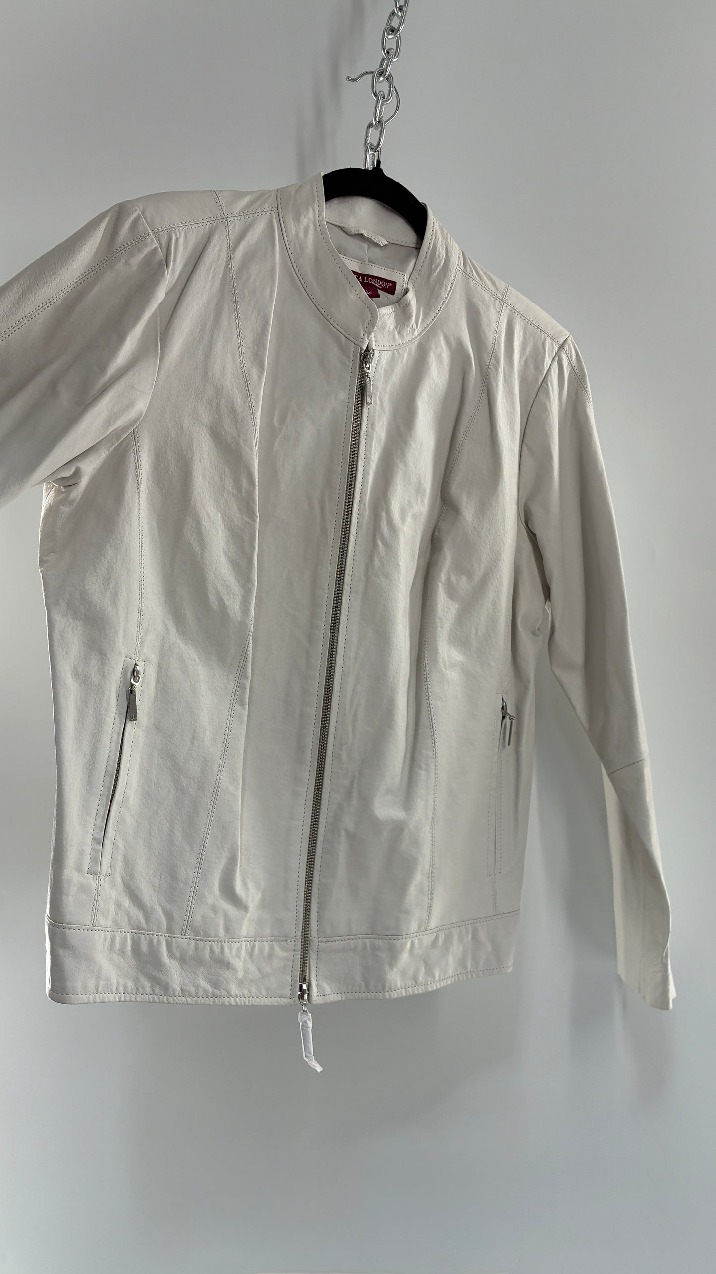 Deadstock Vintage JESSICA LONDON White Genuine Leather Paneled Motorcycle Jacket (16)