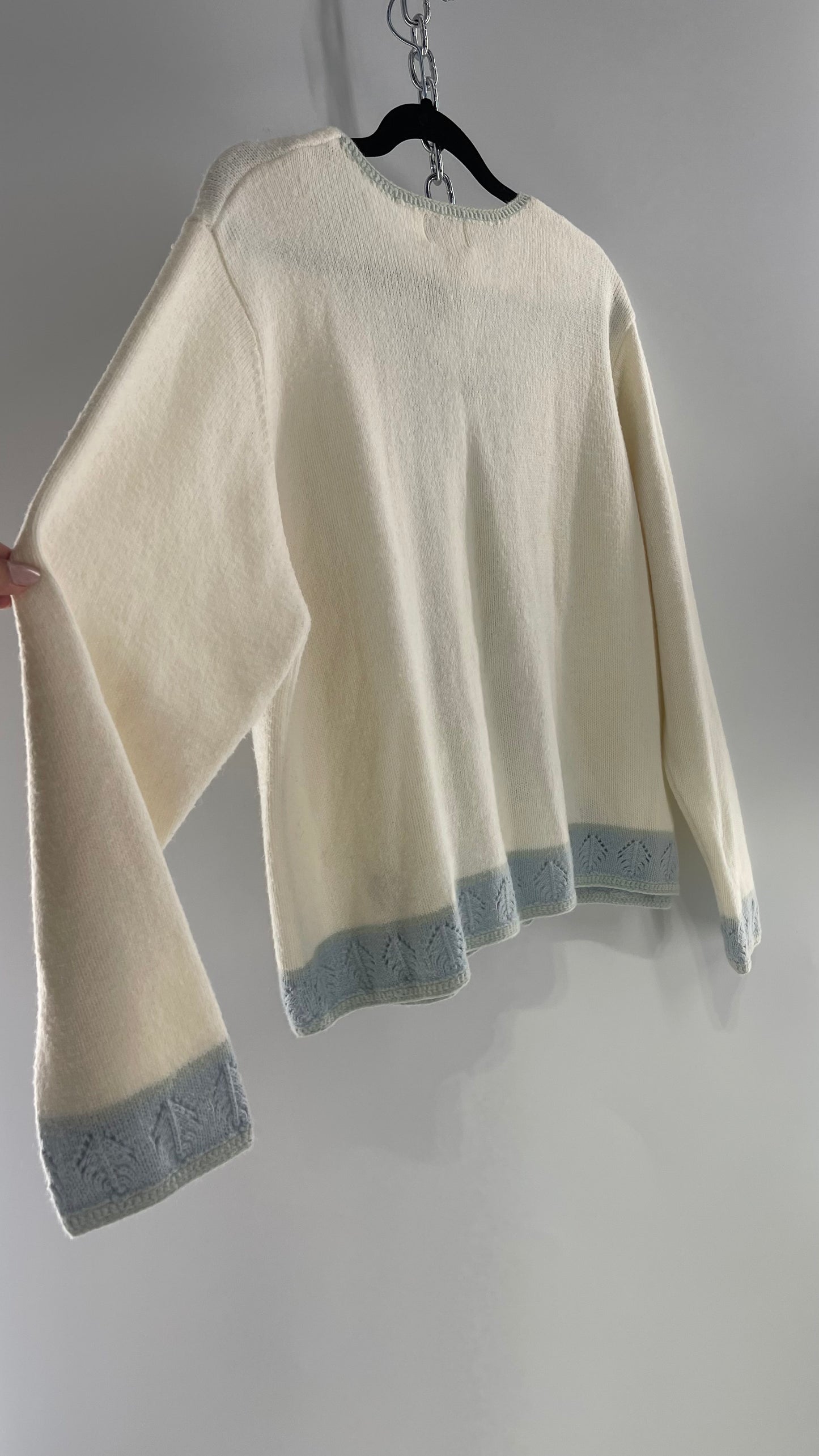 Vintage Cream and Powder Blue Cardigan with Hand Embroidered Details (XL)