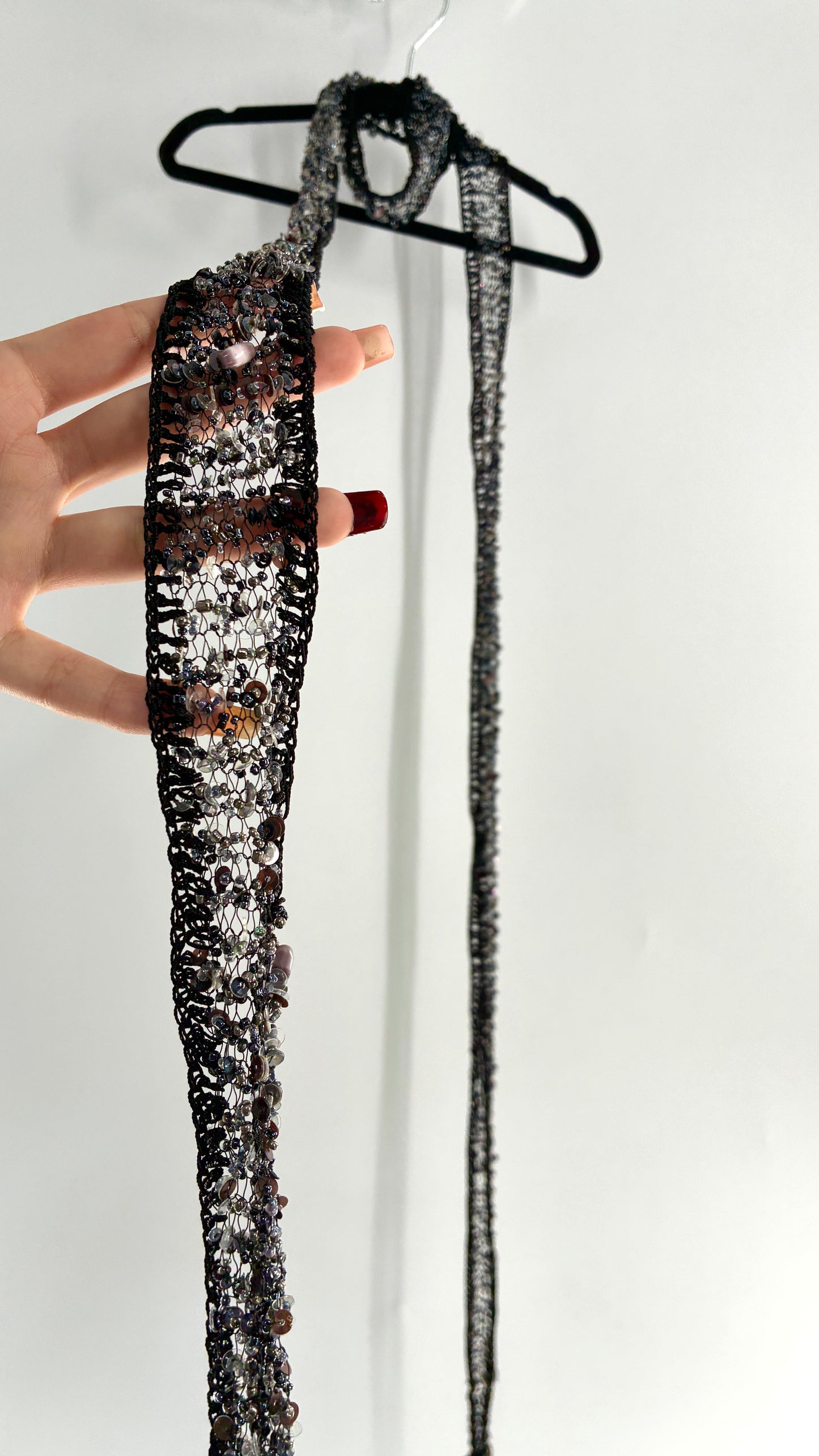 Vintage Black Netted + Crochet Scarf Necklace Covered in Heavy Beading