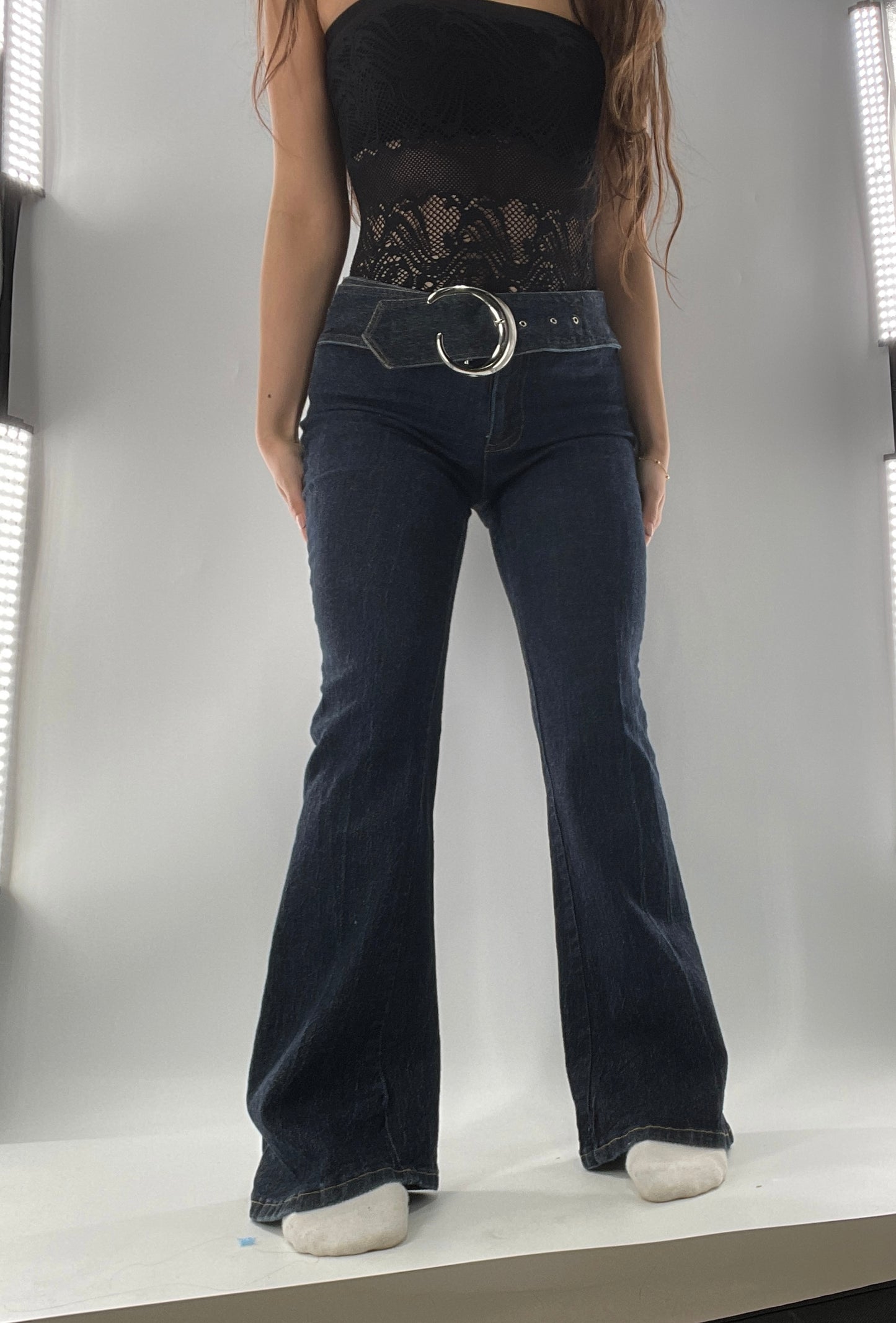 Vintage 90s Picasso Style Jean Dark Wash Kick Flare with Dramatic Oversized Silver Buckle and Grommet Belt (Medium)