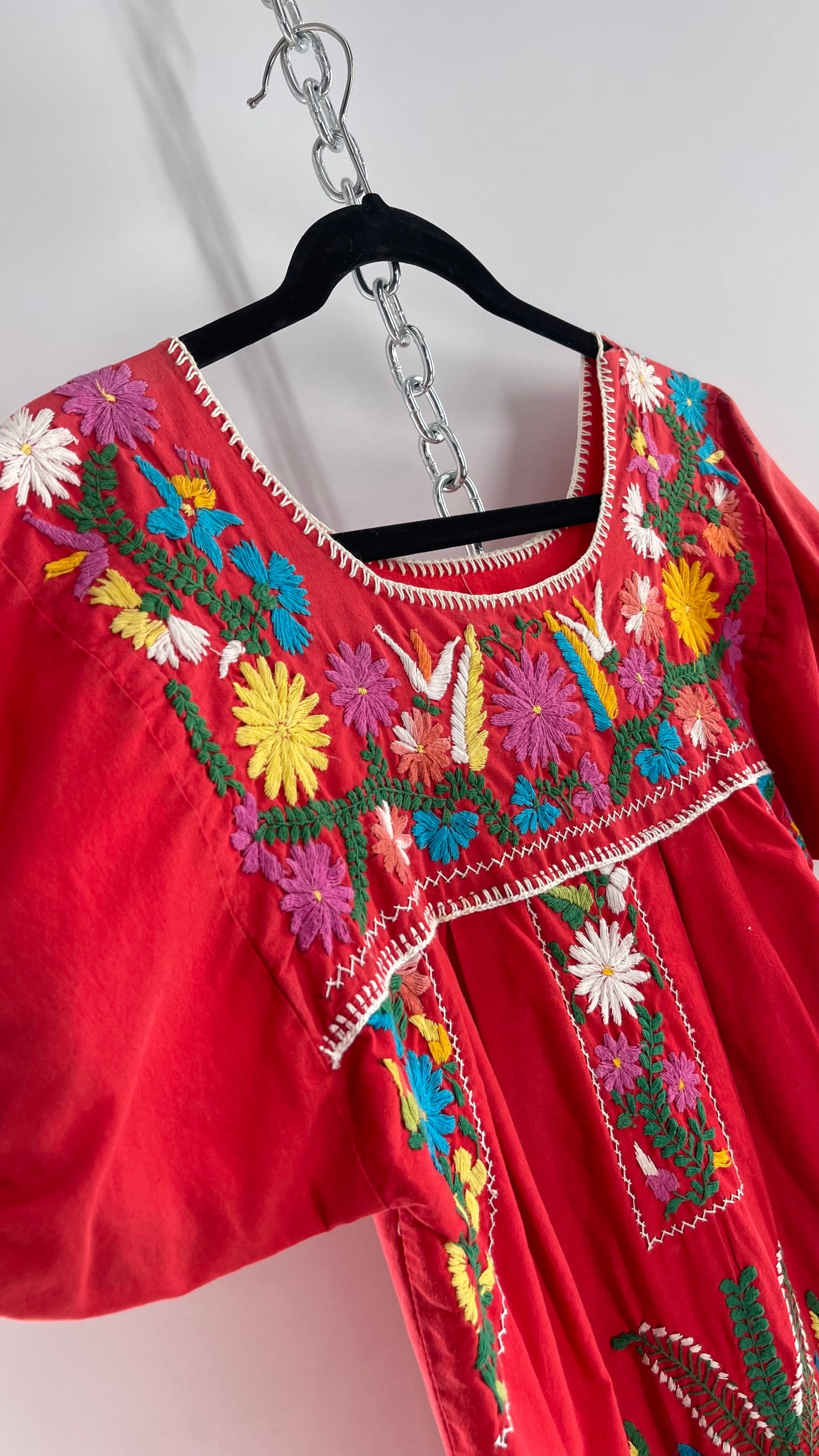 Vintage 1970s Red Cotton Dress with Hand Embroidered Florals Imported from Mexico (Small)