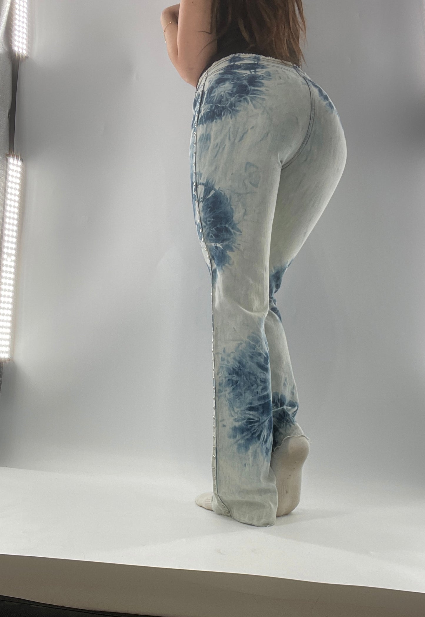 Vintage 1990s DKNY Light Bleached Jeans with Tie Dye Denim Pattern, Raw Edge Low Rise, and Studded Sides (5)