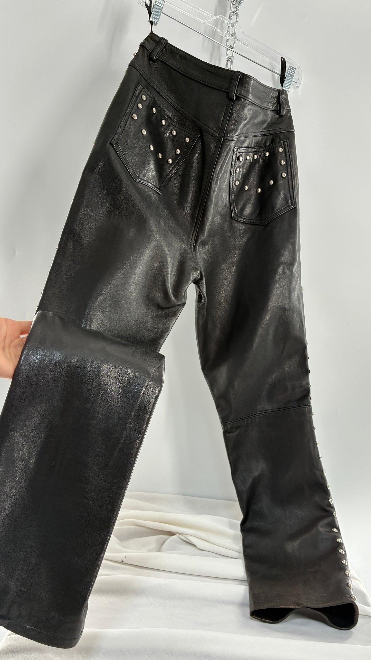 Vintage DKNY Genuine Leather Black Hip to Hem Studded Straight Legs (12)