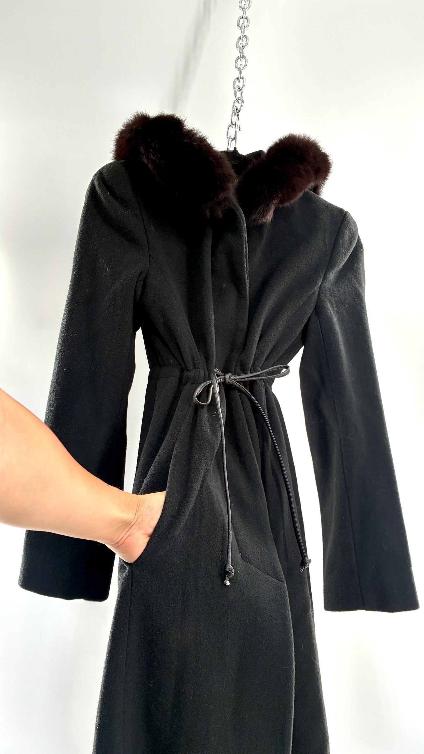 Vintage STEVE by SEARLE Cashmere Blend Coat with Underbust Tie and Fur Hood