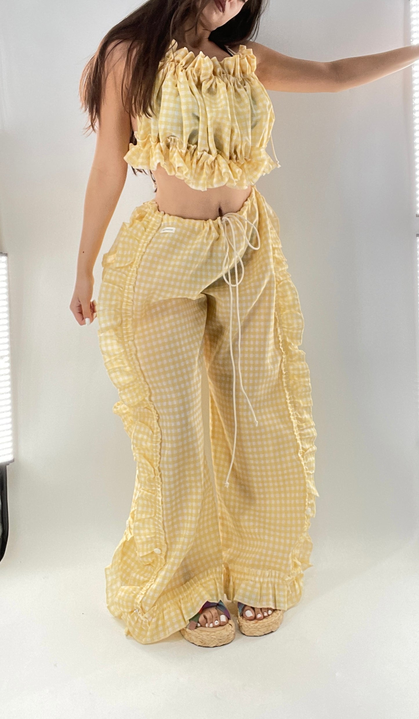 Vintage 2 Piece Yellow Checkered/Gingham Patterned Picnic Set with Ruched Bust Top and Ruffle Side Wide Legs with Adjustable Length, Strap Up Buttons on Hem (One Size)
