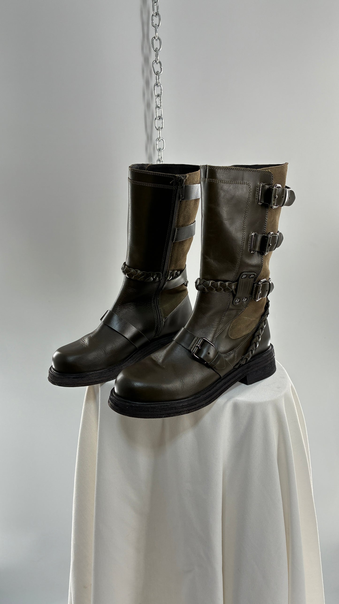 Free People Billie Olive Green Moto Boots with Buckle Closure (7)