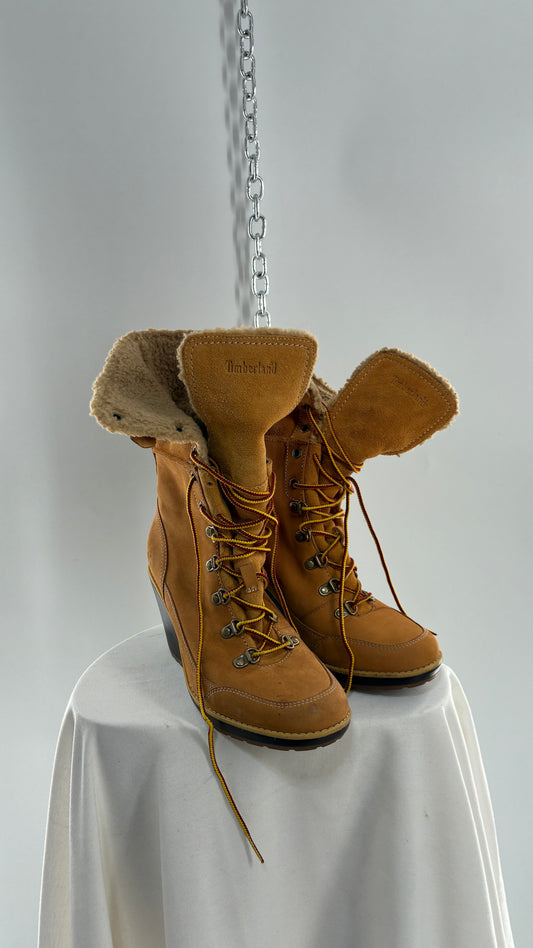 Vintage TIMBERLAND Wedge Boots Suede Leather Tie Up Heels (7.5)