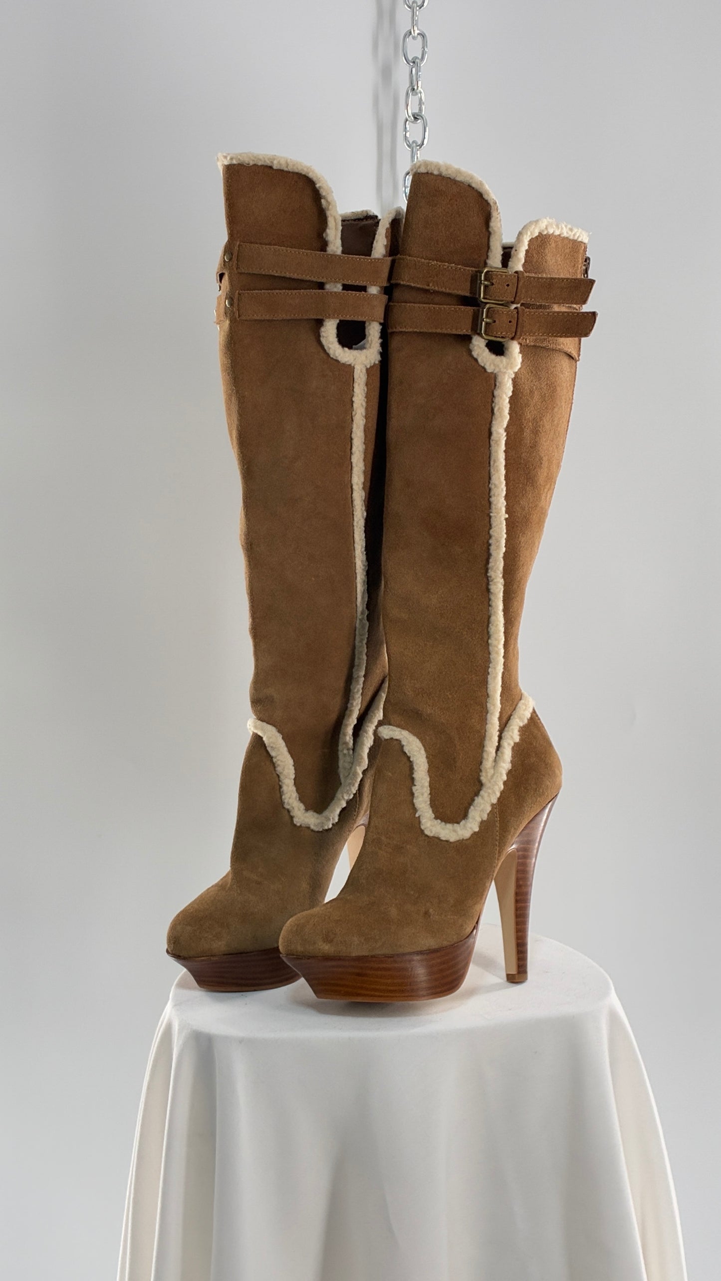 Vintage BEBE Genuine Suede Leather Stiletto, Platform Knee High Boots with Shearling Piping (8B)