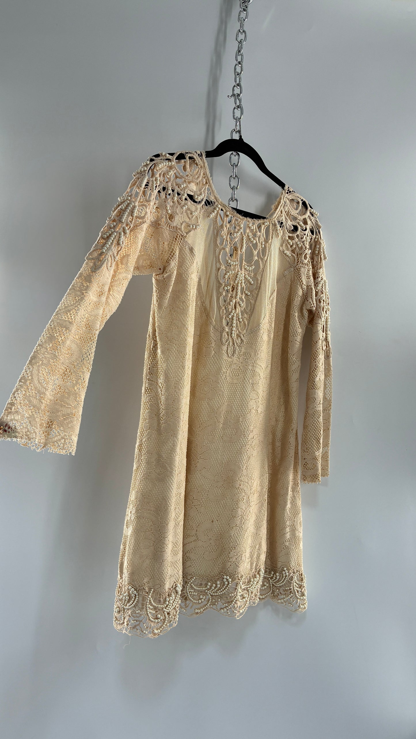Vintage Free People Beige Long Sleeve Lace Dress with Deep Neckline, Low Back and Beaded Details