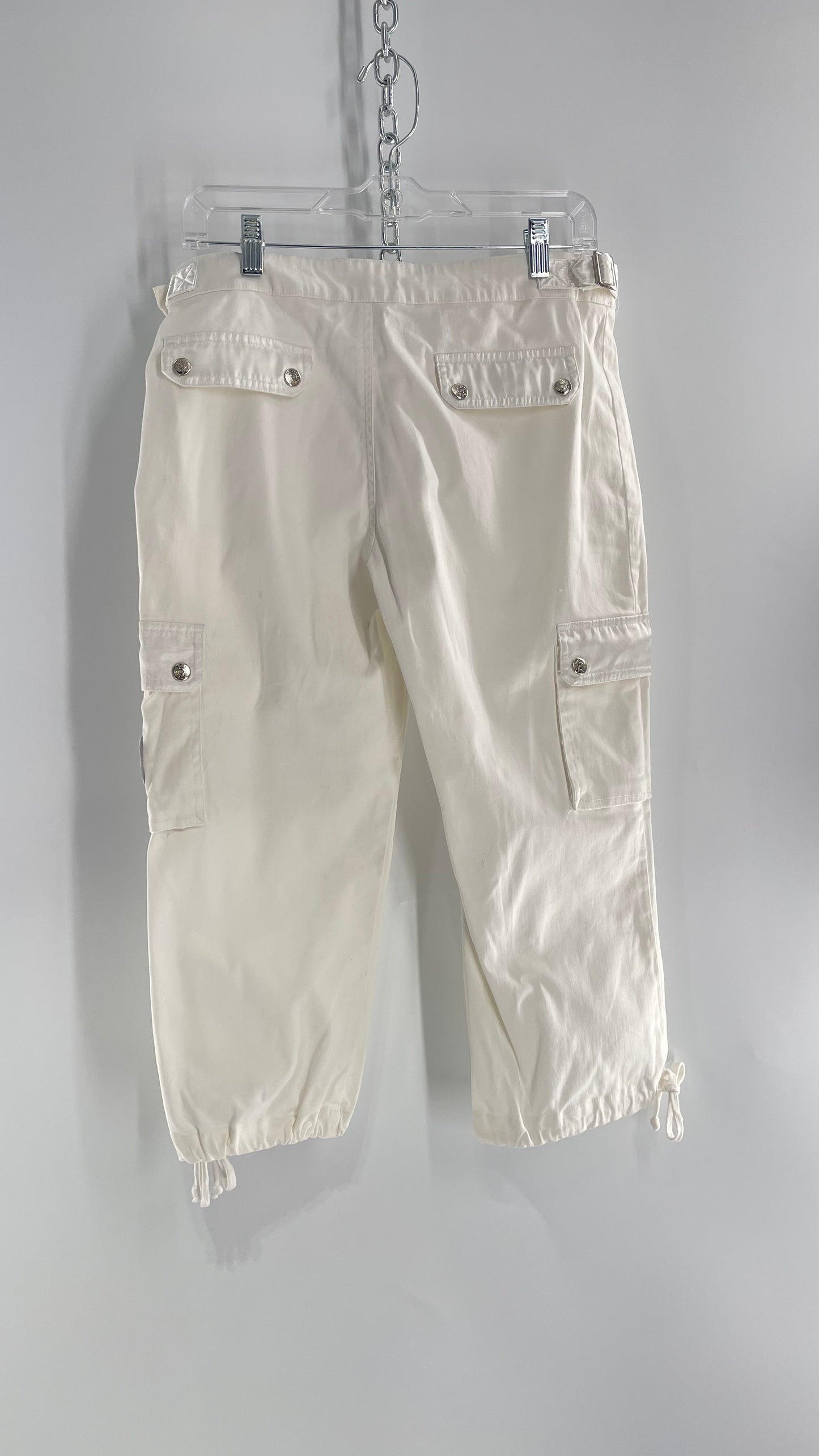 Vintage 1990s South Pole White Capri with Zippers, Silver Hardware, Satin Detailing and Patches (9)