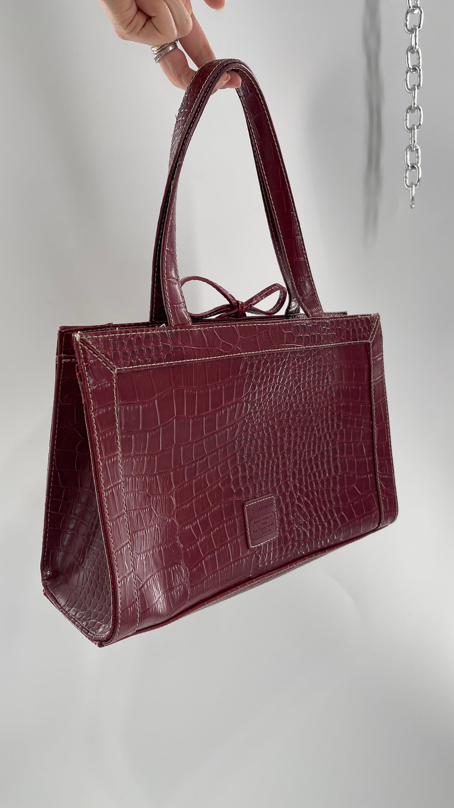 Vintage Liz Claiborne 1990s Cherry Red Crocodile Embossed Structured Bow Bag
