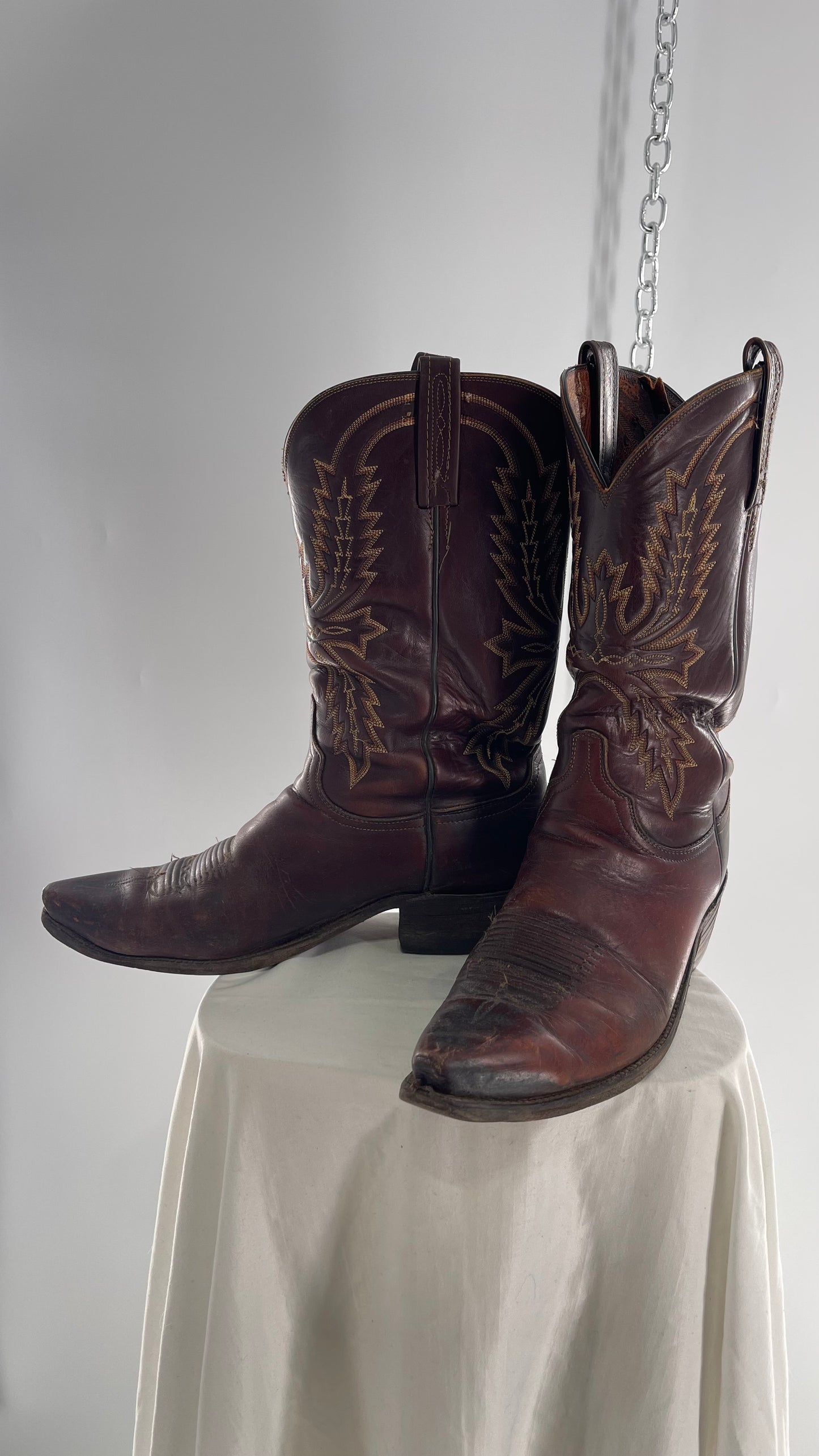 Vintage Men’s 1883 Luchesse Lived In Brown Cognac Leather Pointed Toe Cowboy Boots with Embroidery (12)