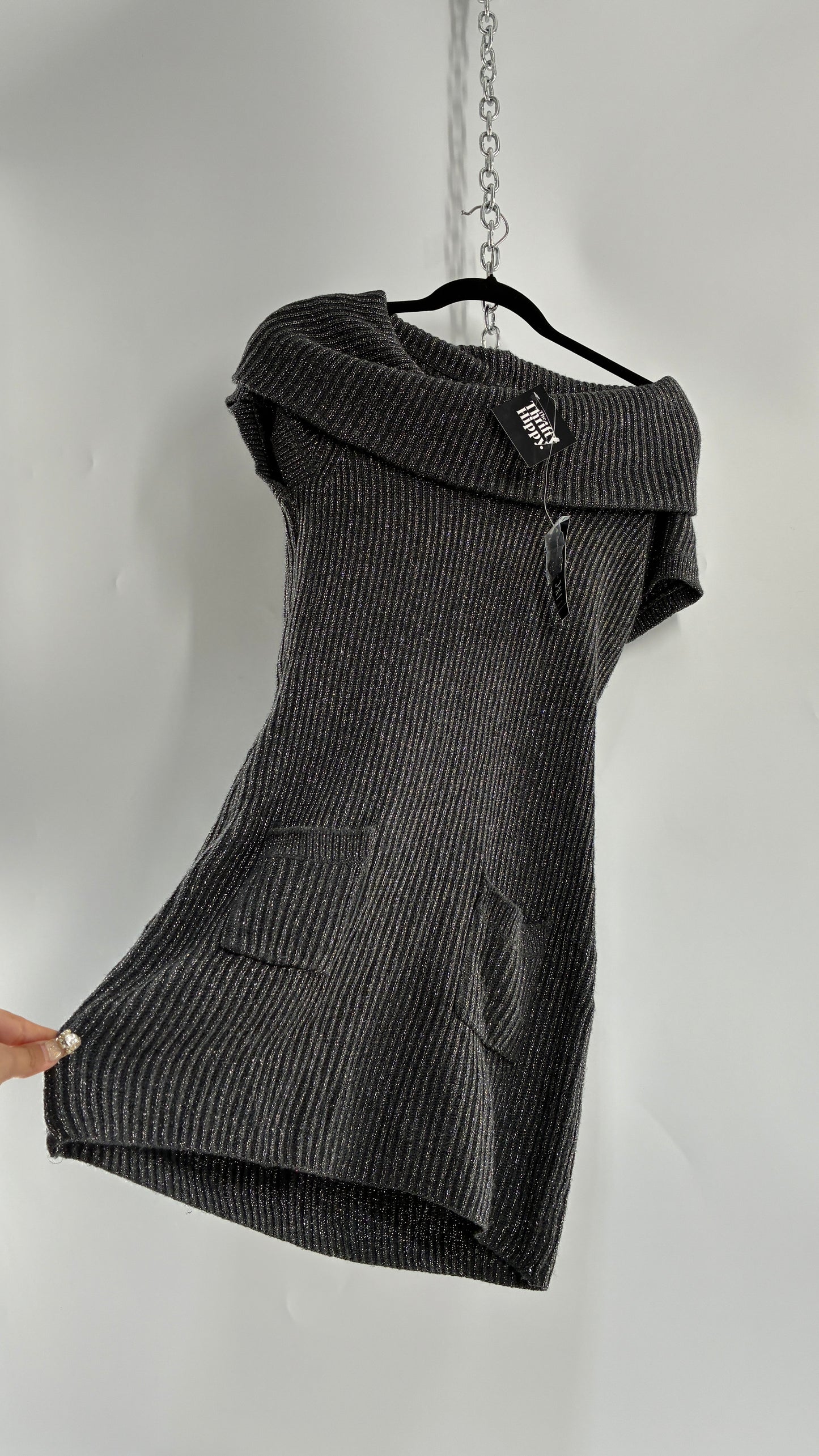 Vintage INC International Concepts Grey Silver Knit Off the Shoulder Dress with Tags Attached (Large)