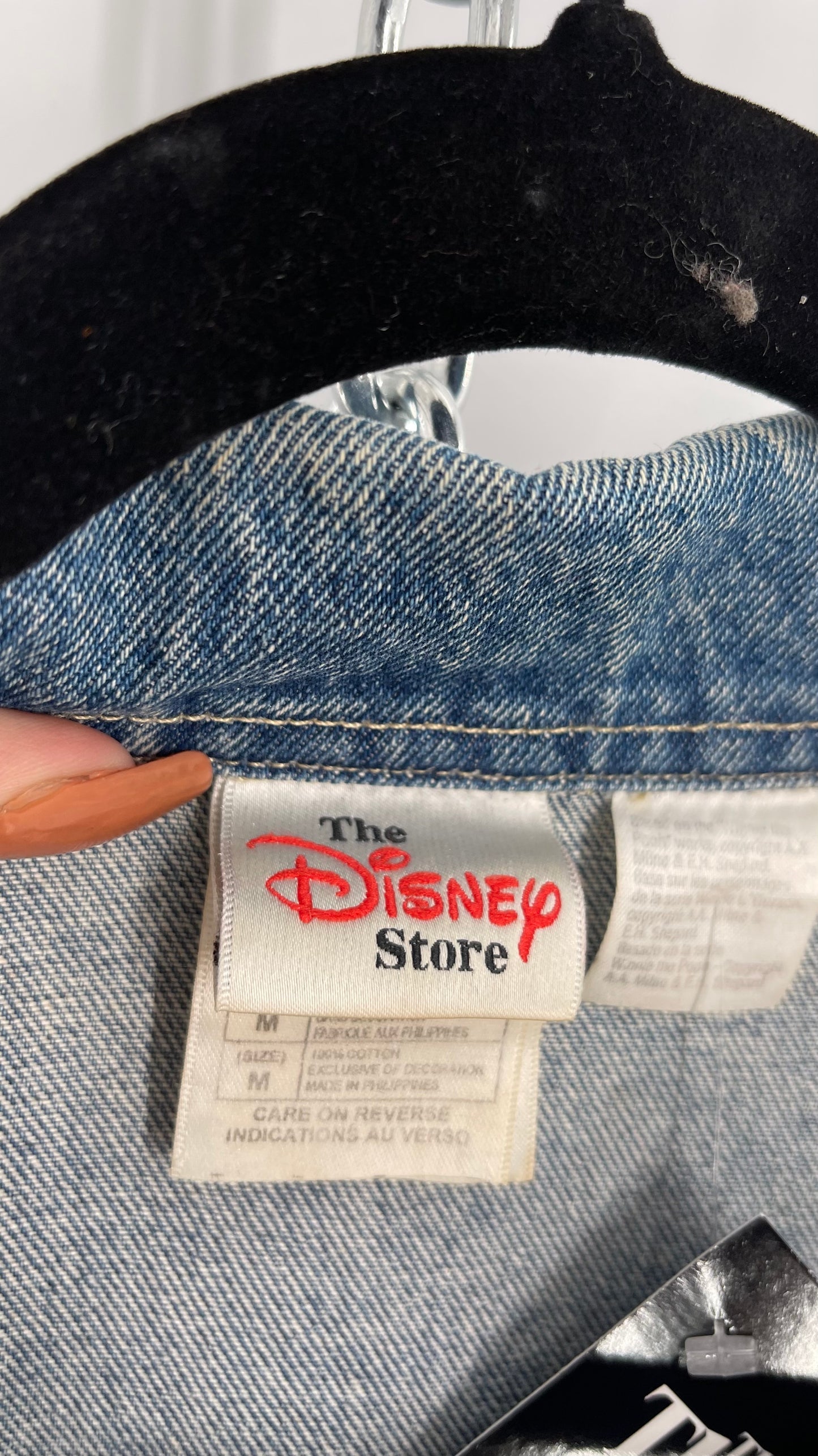 Vintage Disney Denim Jacket with Embroidered Graphic/Patches on Back and Pocket (Medium)