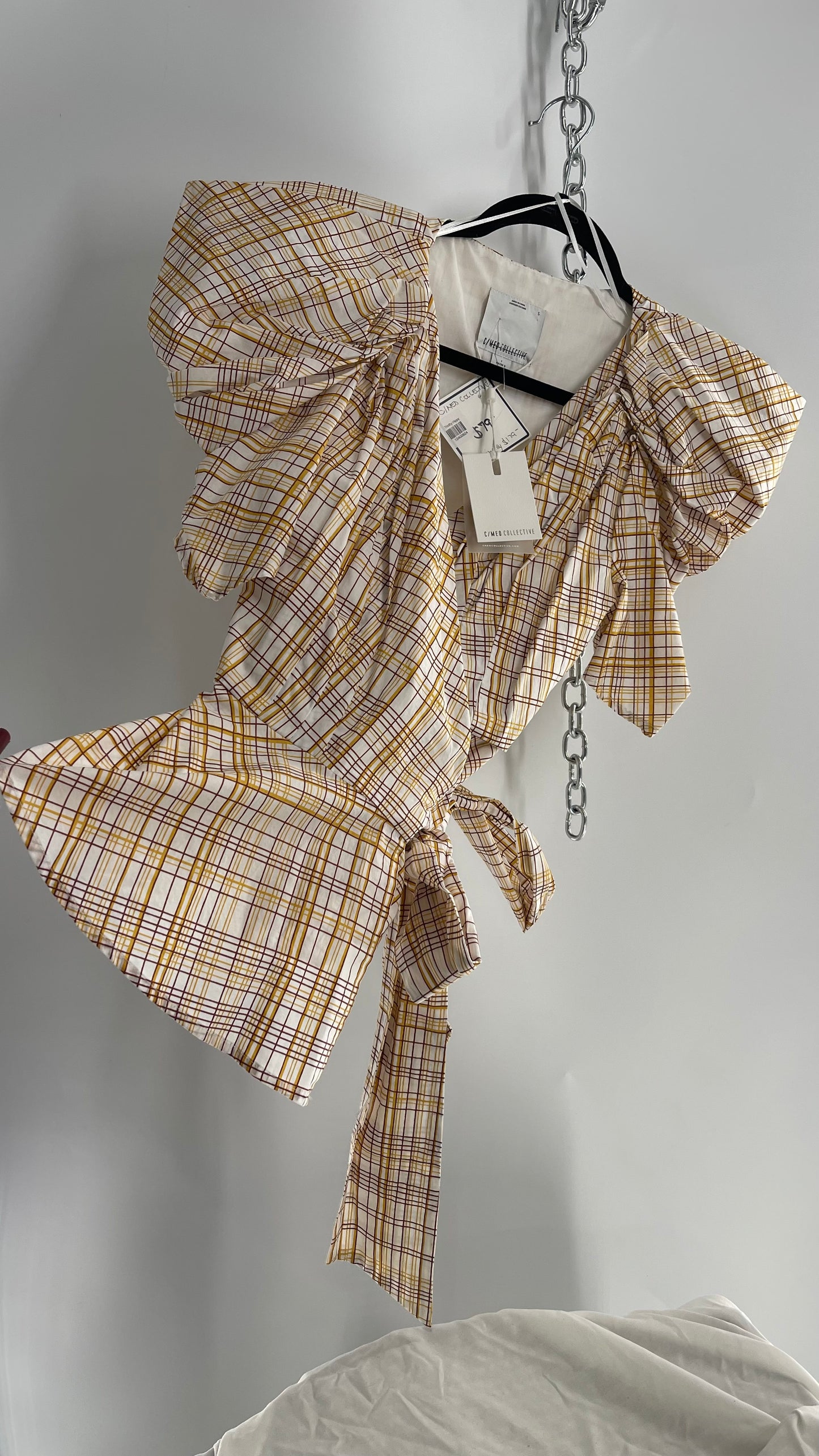 C/MEO Collective Plaid Puff Sleeve Peplum with Tags Attached (S)