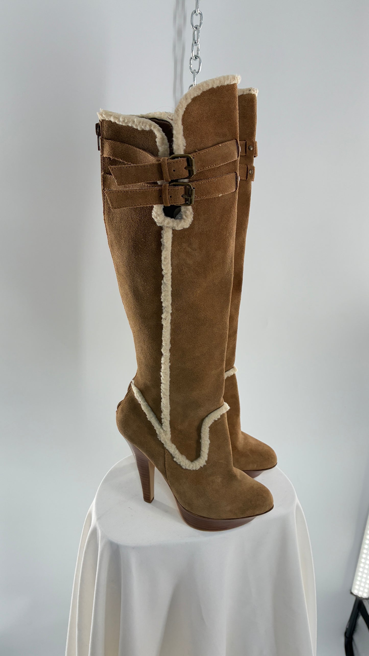 Vintage BEBE Genuine Suede Leather Stiletto, Platform Knee High Boots with Shearling Piping (8B)