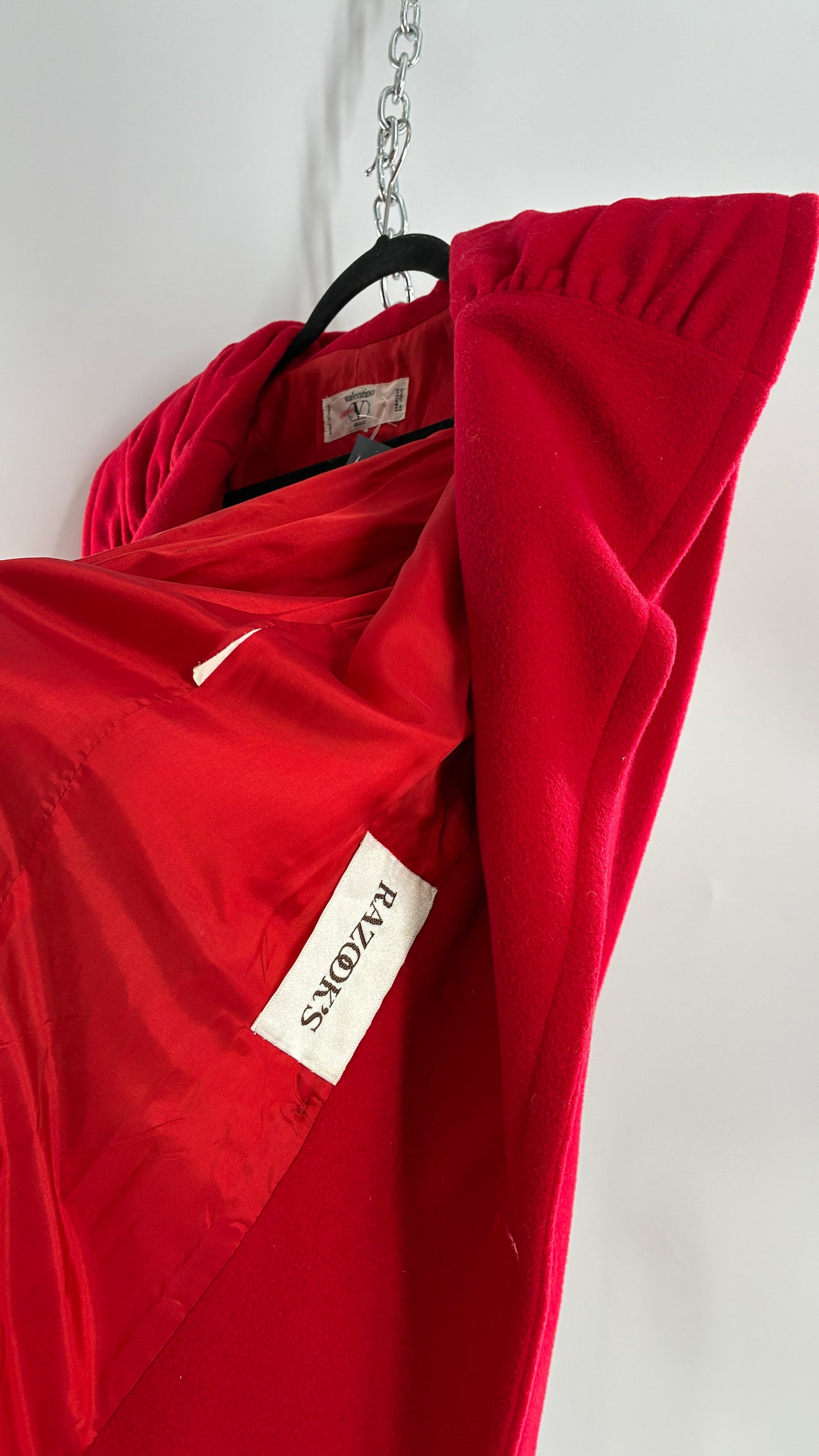 Vintage VALENTINO Miss V Red Sweeping, Tie Back and Pleated/Draped Collar Coat