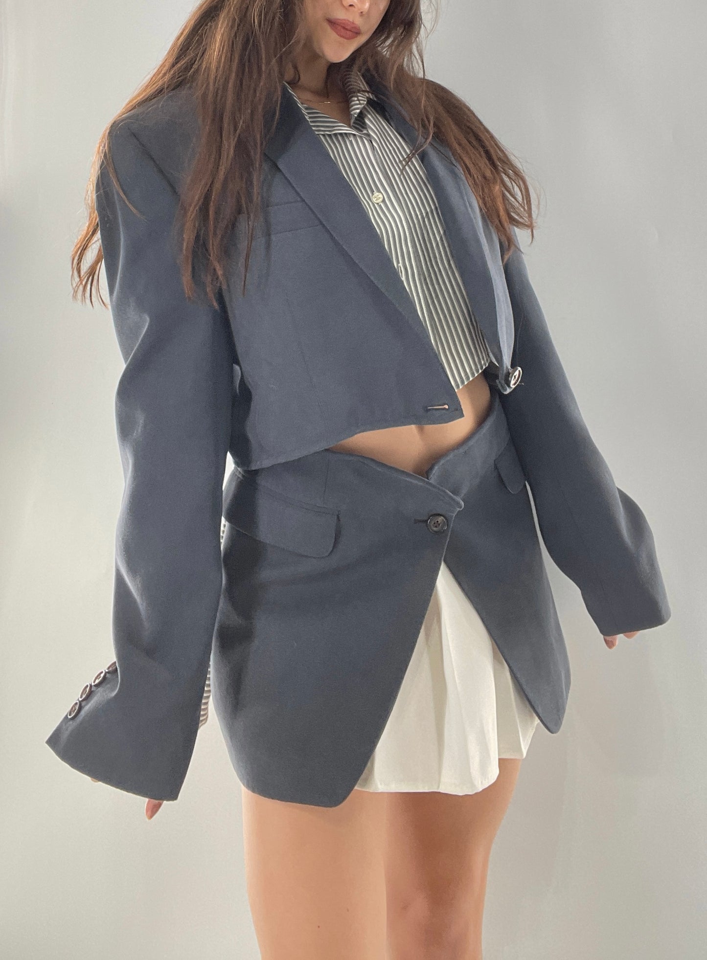 CUSTOM Handmade 2pc Suit Set Gray/Blue with Open Corset Back Skirt and Cropped Jacket (One Size)