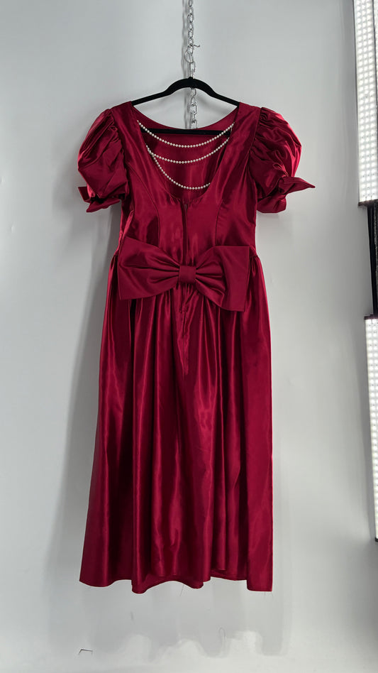 Vintage Red Silky Satin Corset Style Dress with Sweetheart Neckline, Puff Sleeves, Oversized Bow Bum, Open Back and Draping Pearls  (10P)