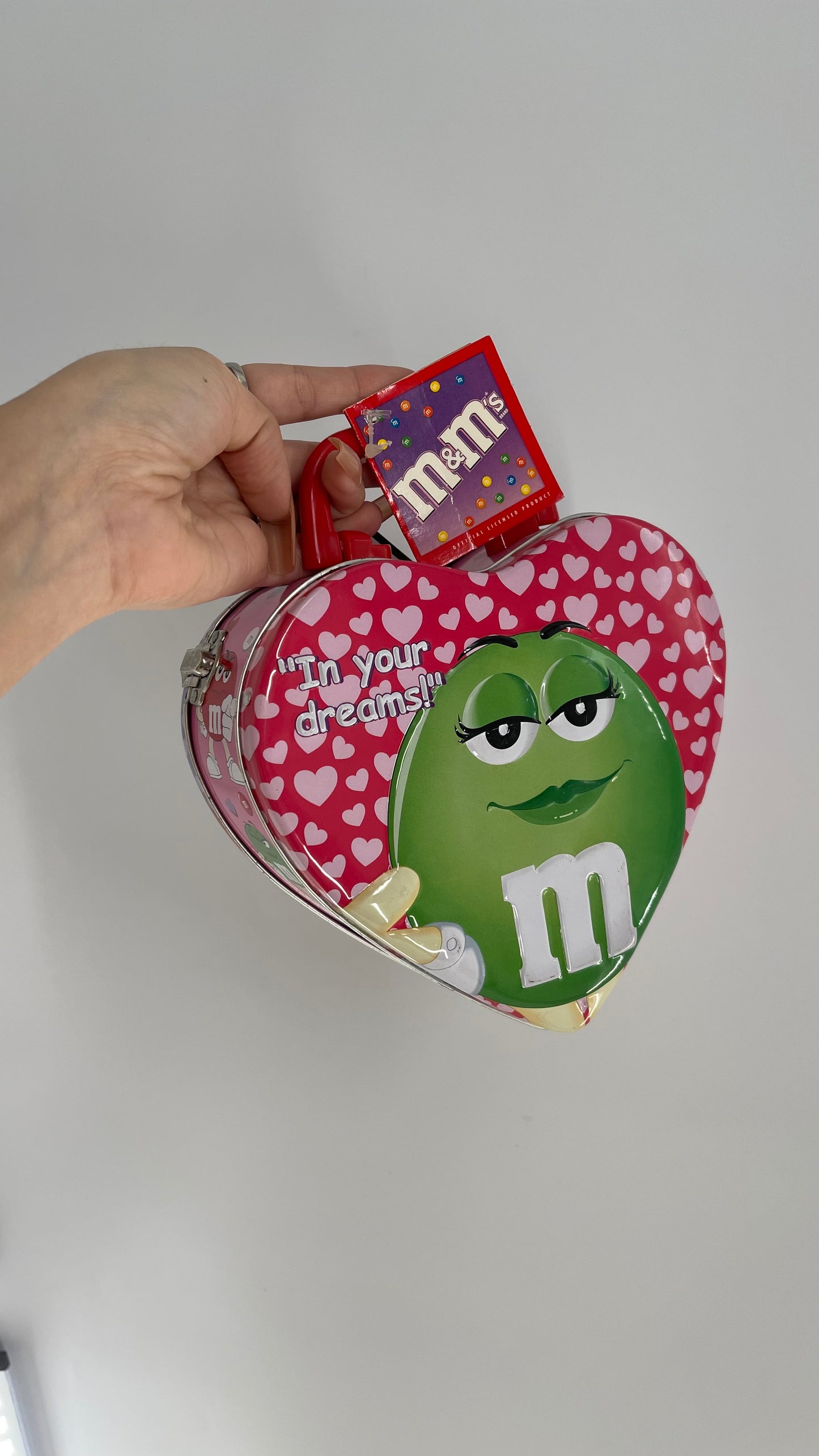 Deadstock Vintage M&M Tin Heart Shaped Lunch Box with “Be Mine” and “In Your Dreams” Embossed