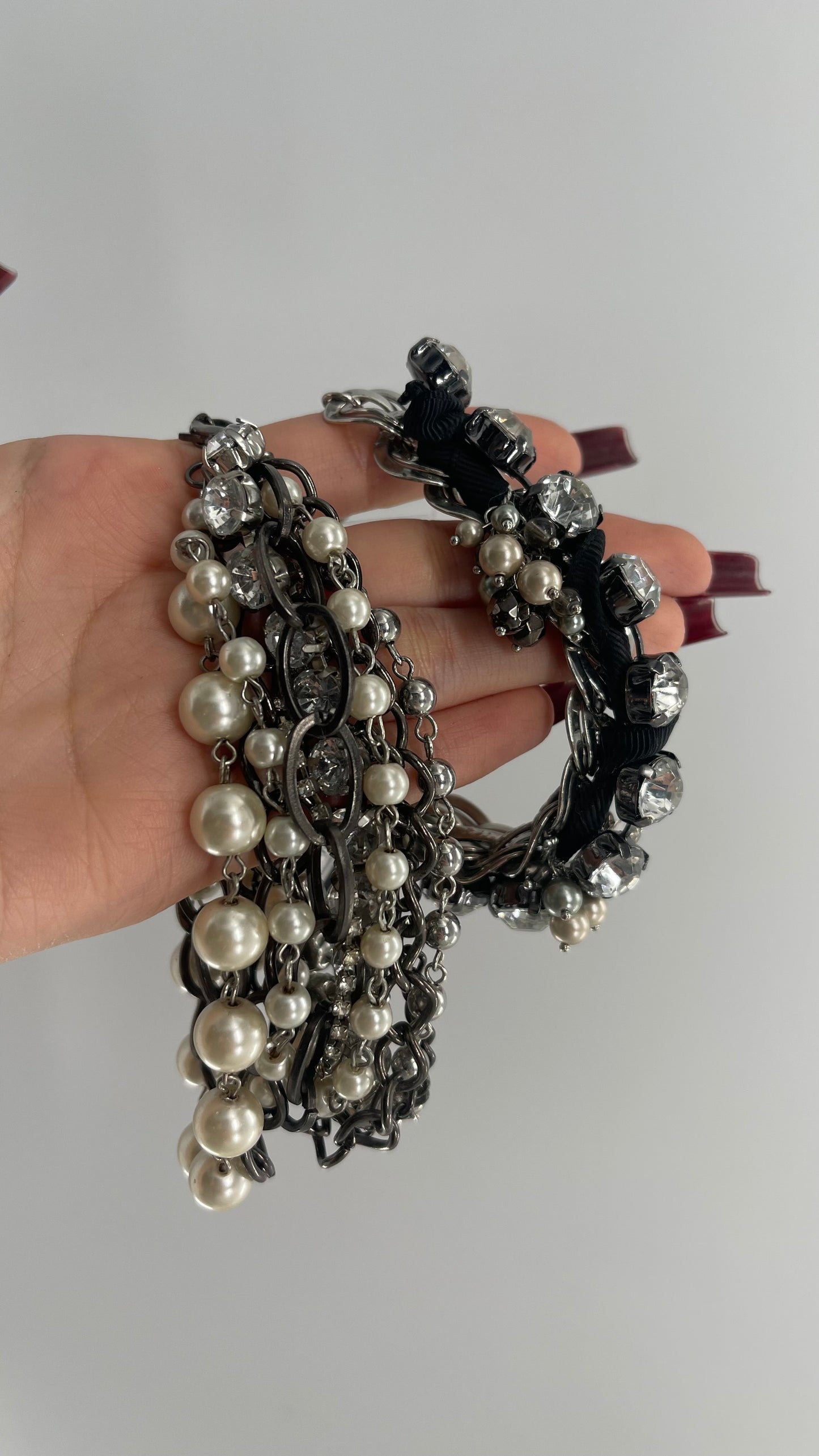Vintage Heavy Layered Pearl Gunmetal Chain and Oversized Rhinestone 2pc Bracelet Set