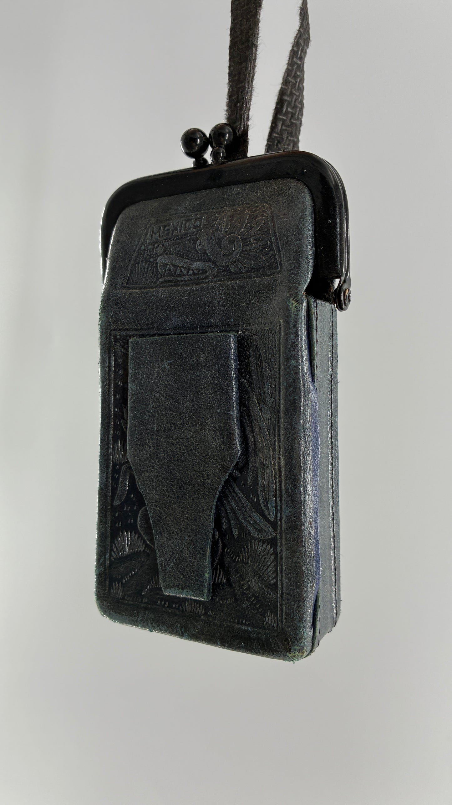 Vintage Mexican Black Engraved Leather Cigarette Pouch with Lighter Holster