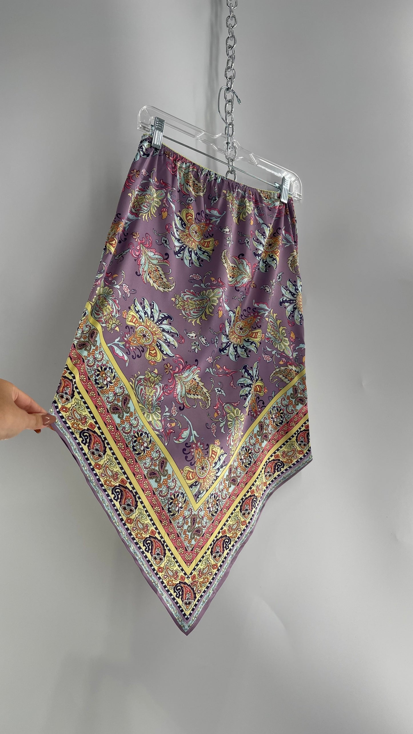 Urban Outfitters Lavender Satin Paisley Handkerchief Hem Skirt with Light Green Ribbon Waistline (Small)