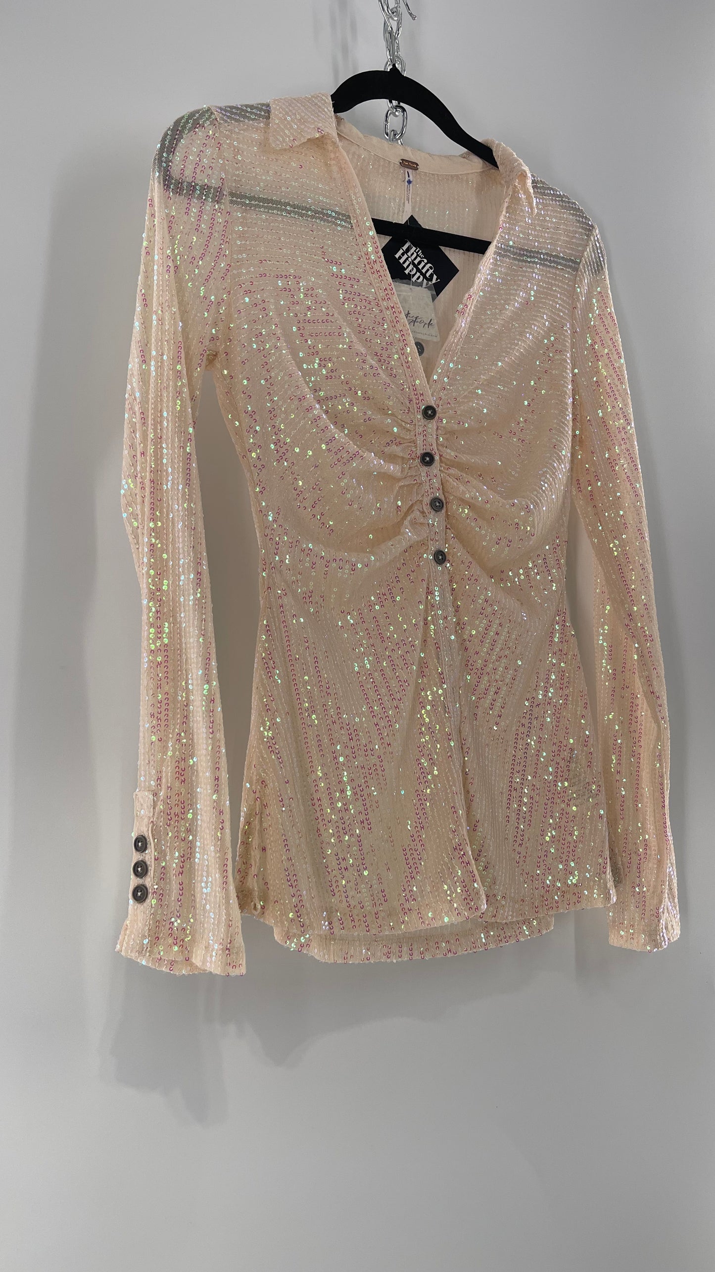 Free People Iridescent Sequined Button Front Ruched Bust Blouse with Tags Attached (Small)