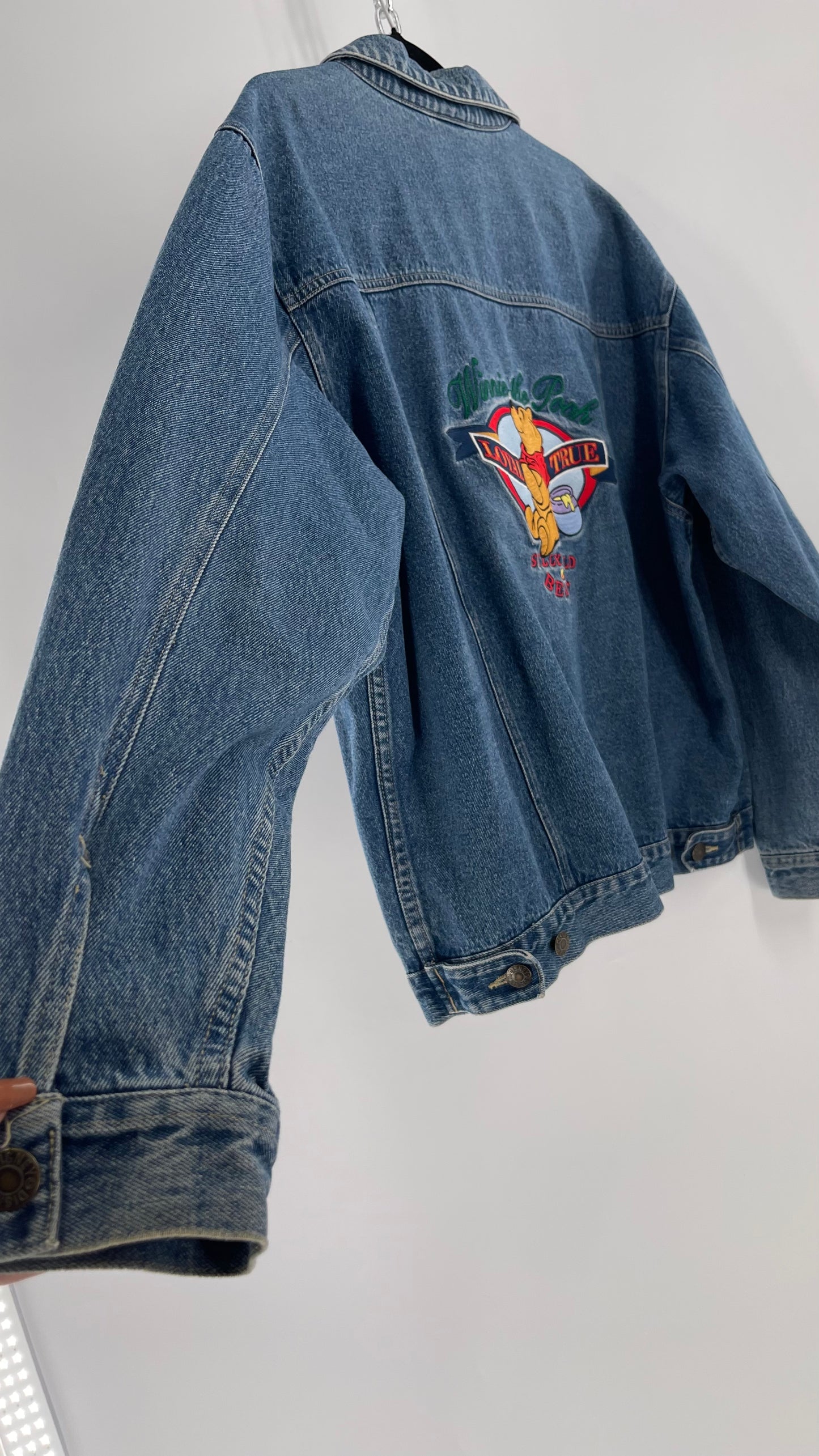 Vintage Disney Denim Jacket with Embroidered Graphic/Patches on Back and Pocket (Medium)