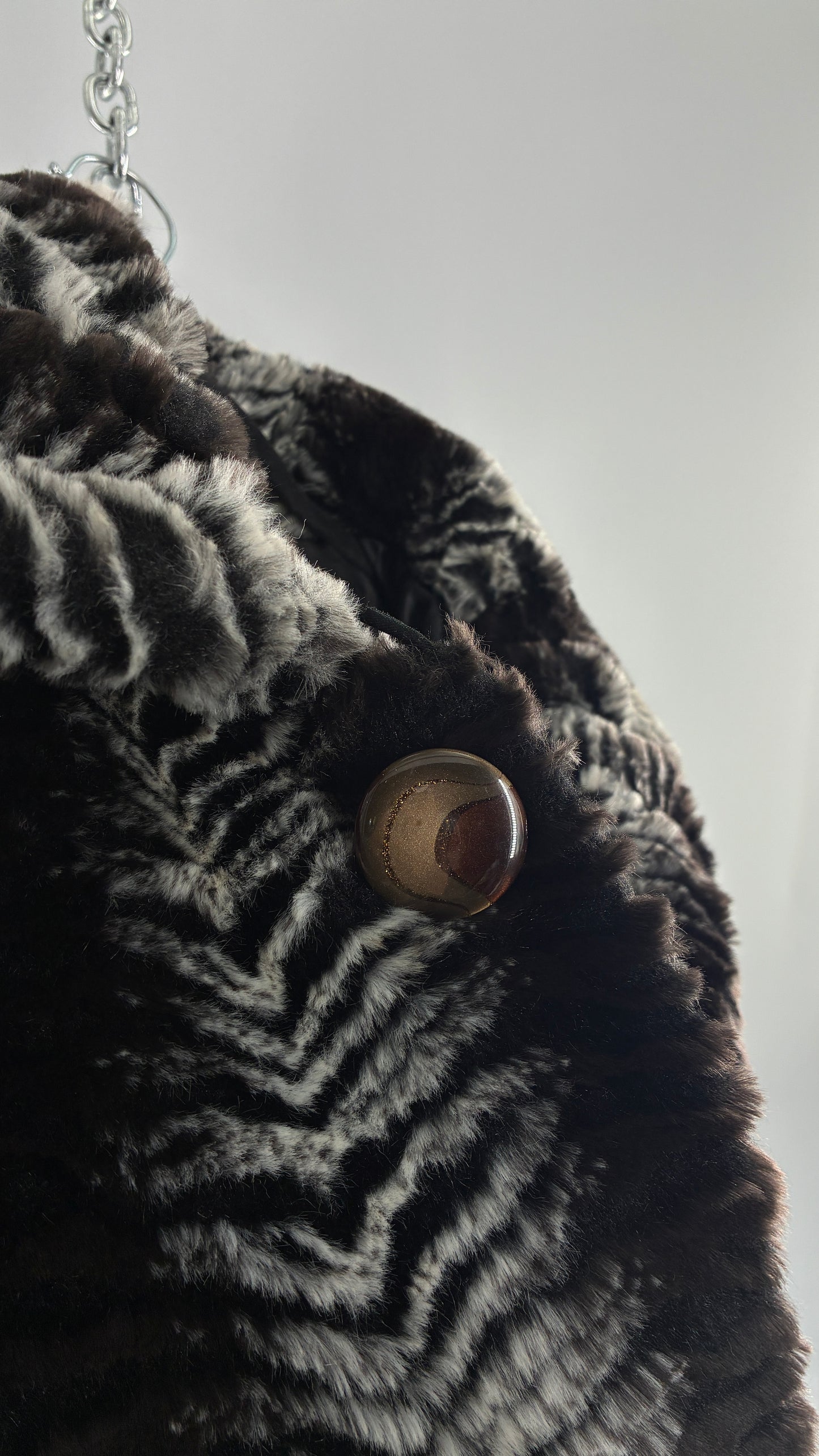 Vintage NOVA Gray and Black Herringbone Patterned Faux Fur Coat (Large)