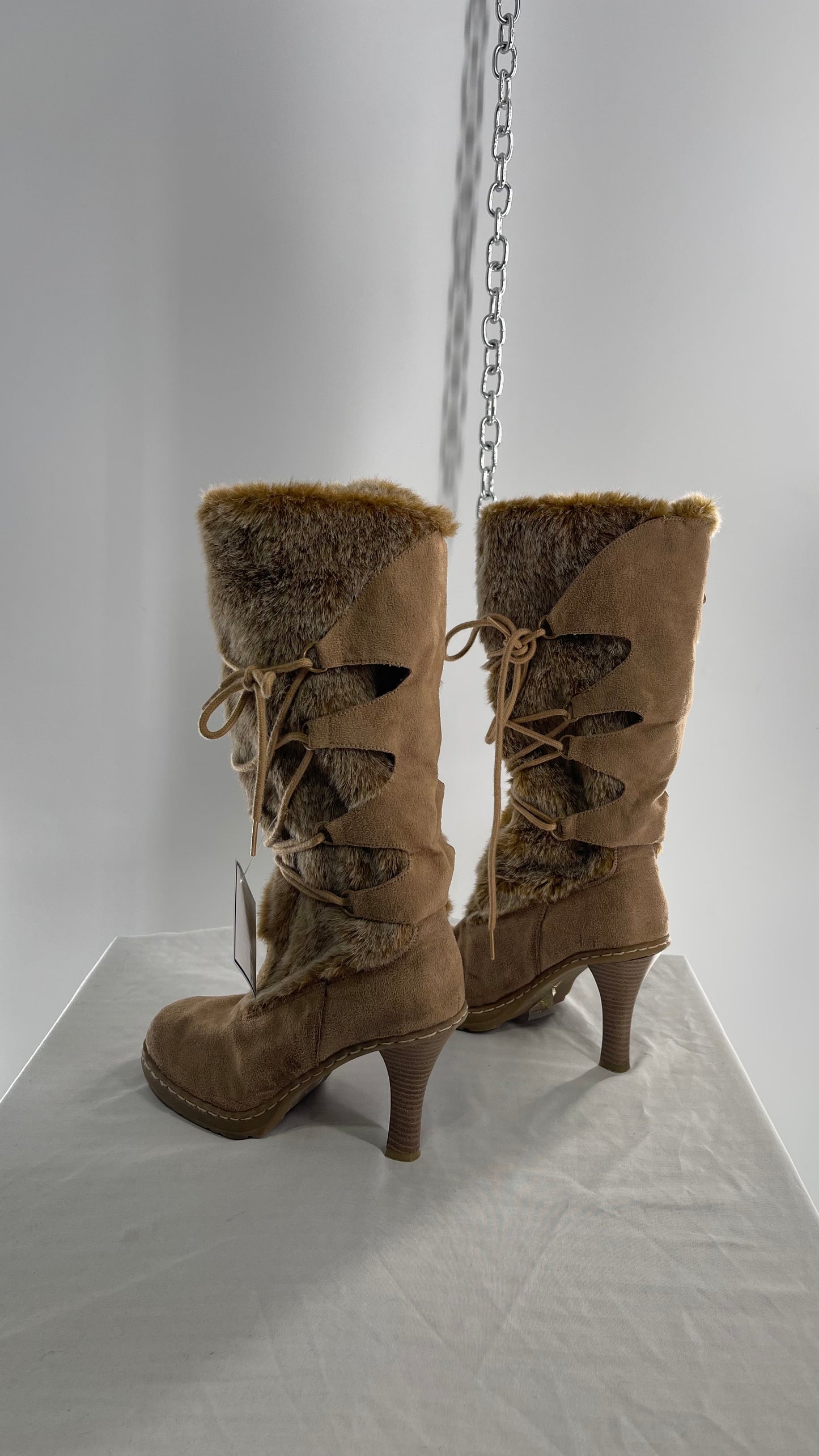Vintage Round Toe Faux Fur Booties with Tie Up Details (7.5)