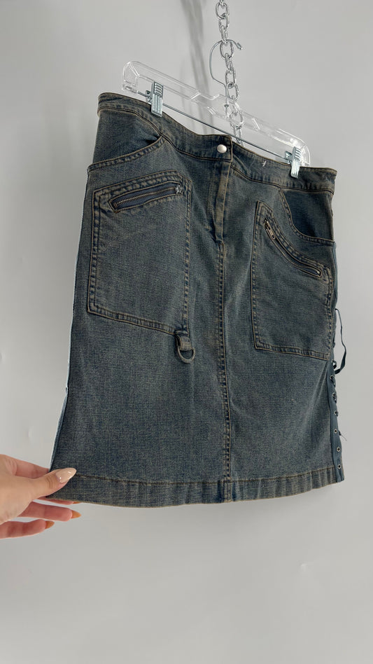 Vintage More Feminine w/o Limits Denim Skirt with Grommet Lace Up Sides and Fade (42)