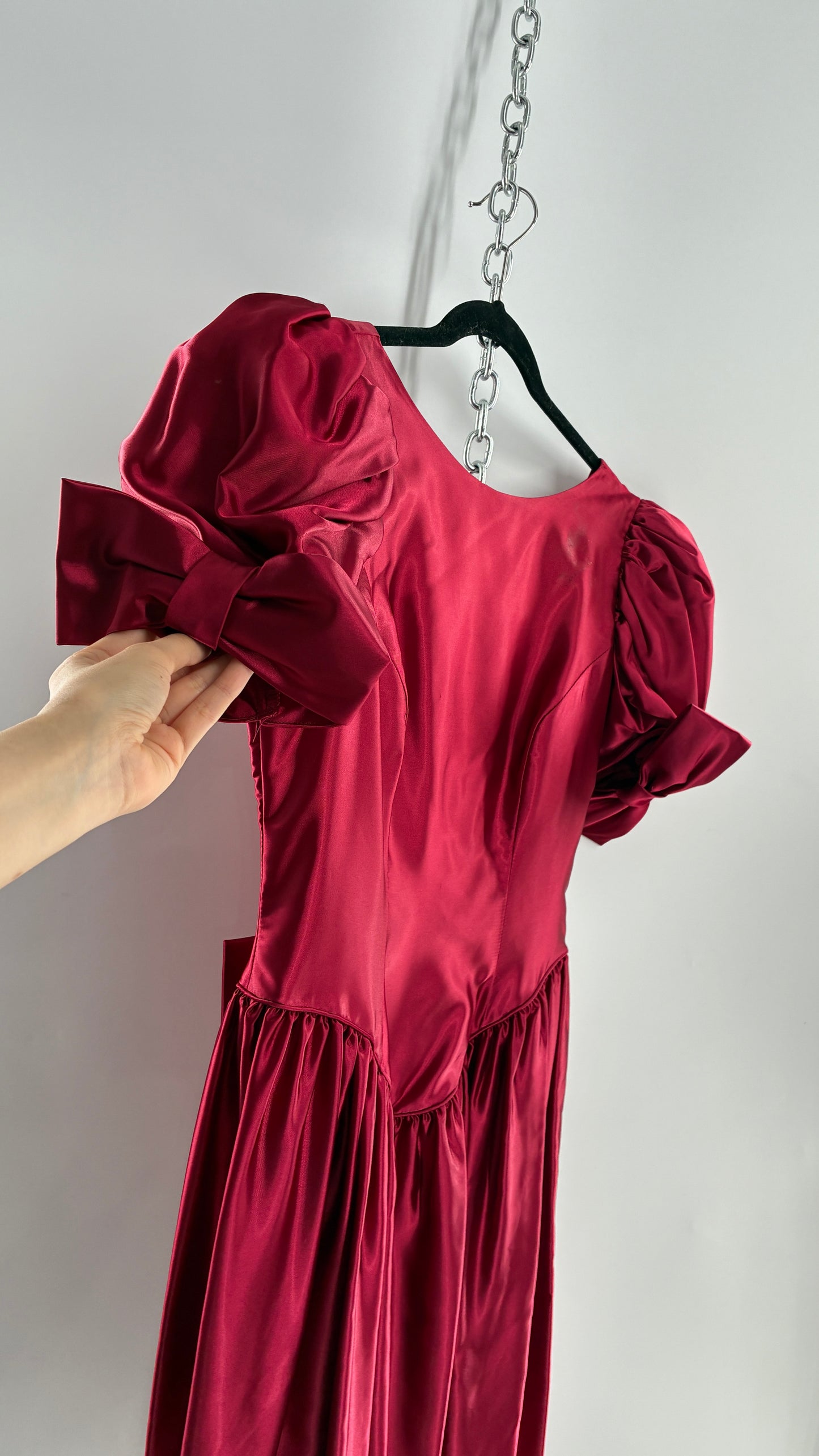 Vintage Red Silky Satin Corset Style Dress with Sweetheart Neckline, Puff Sleeves, Oversized Bow Bum, Open Back and Draping Pearls  (10P)