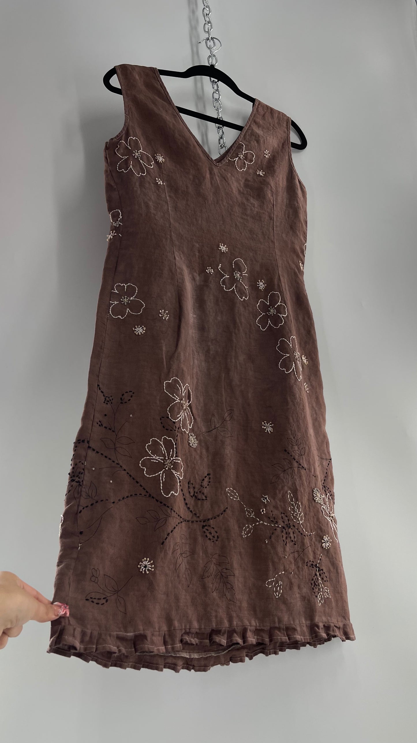 Vintage Willi Smith 100% Linen Dress with Embroidered Florals(10P)