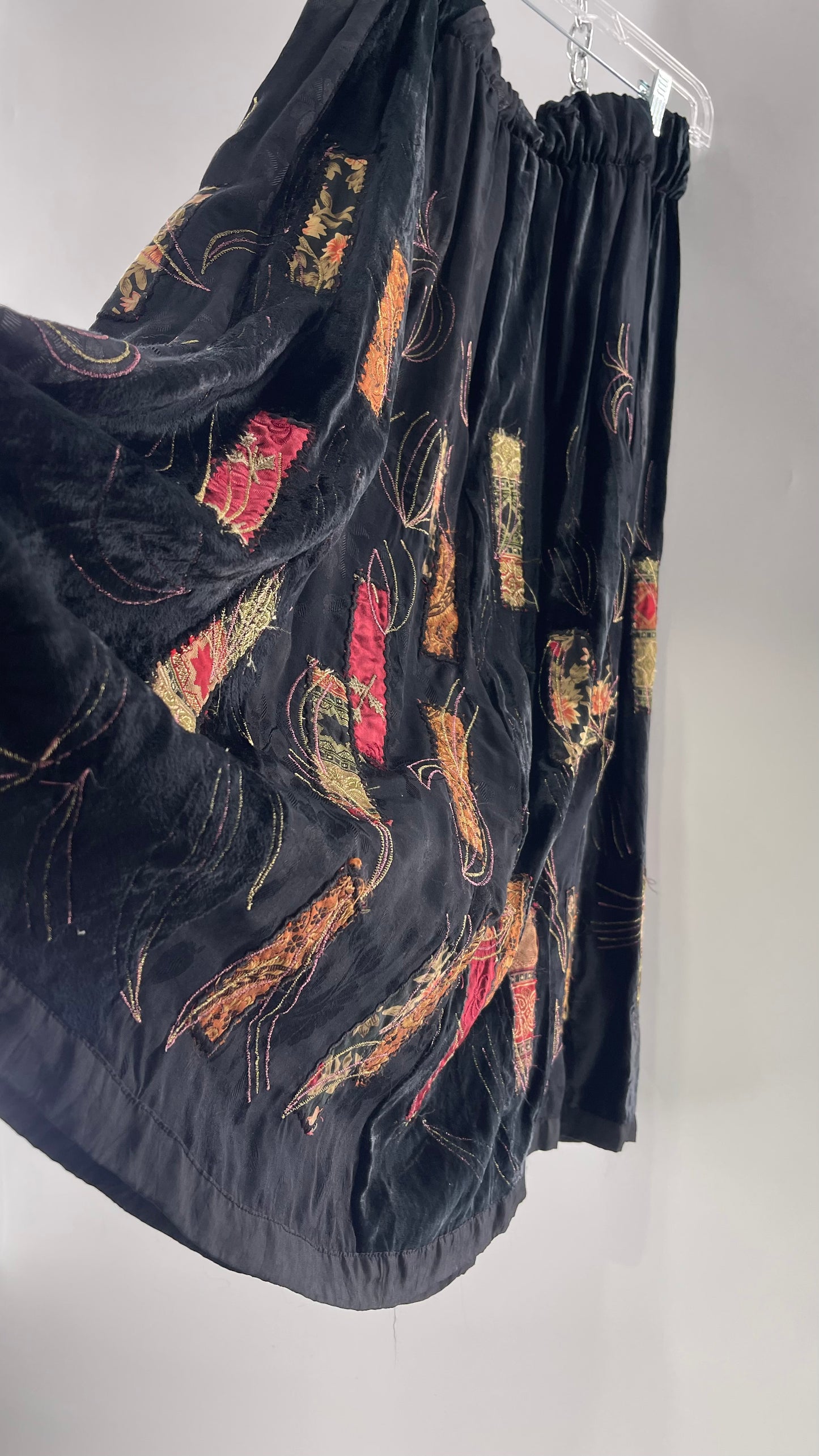 Vintage Black Velvet and Embossed Florals Patchwork Skirt with Metallic Stitch Detailing with Lining and Thick Waistline (M)