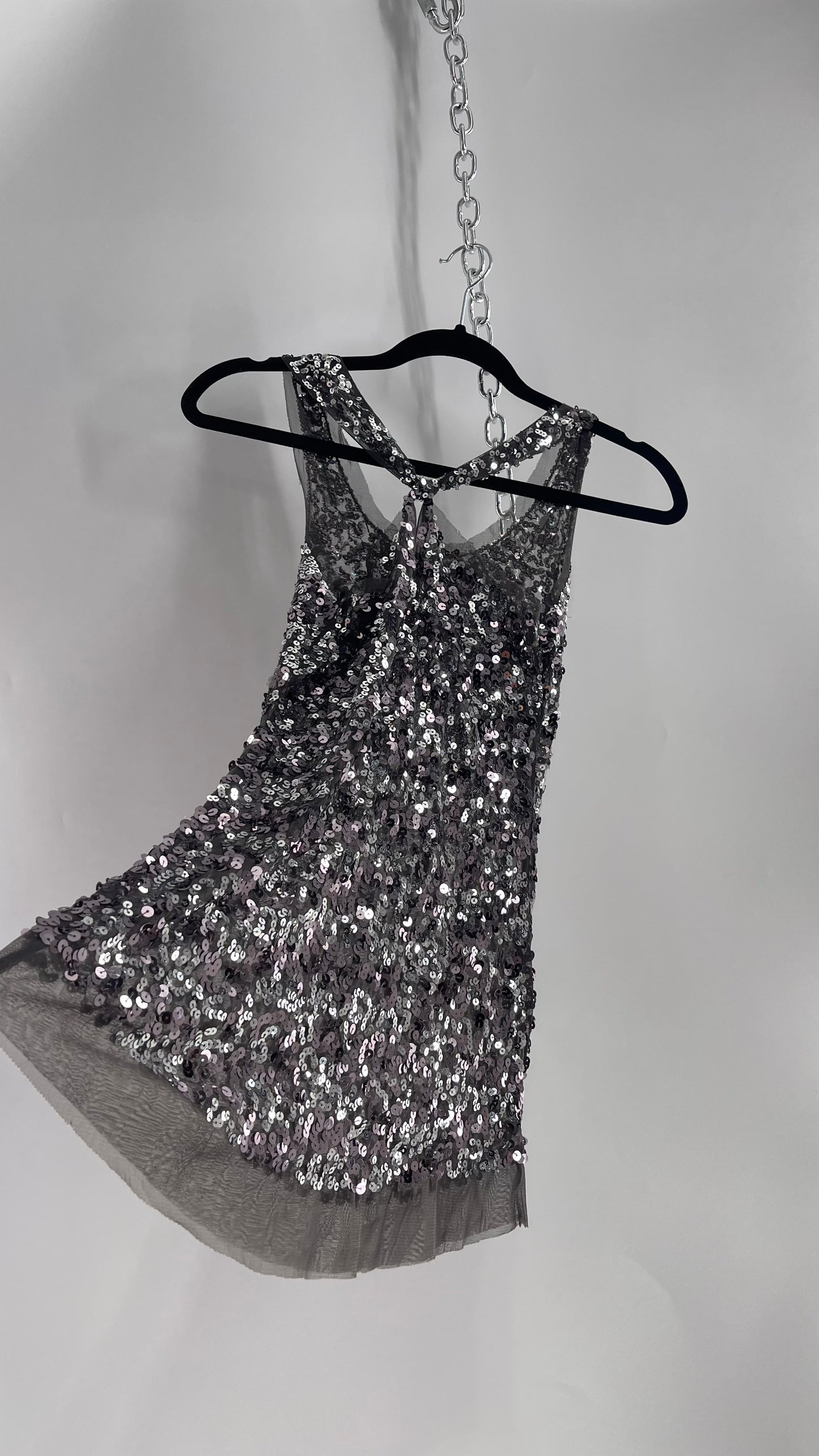 Vintage Gray Sequin Tank with Beaded Neckline (Medium)