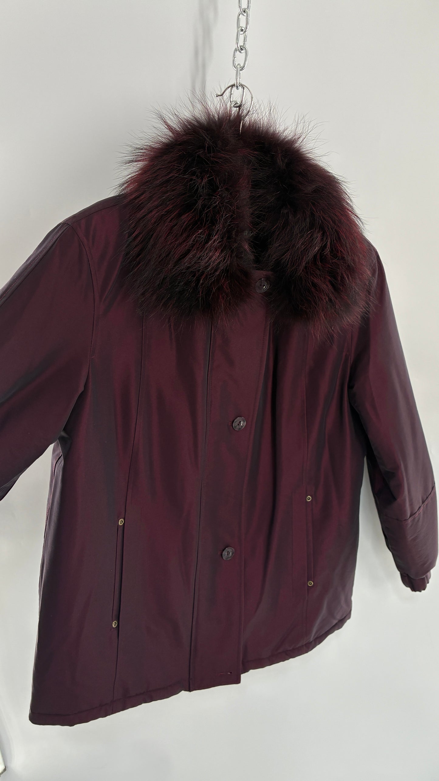 Vintage FLEET STREET Metallic Iridescent Purple Jacket with Exaggerated Genuine Fur Collar (Medium)