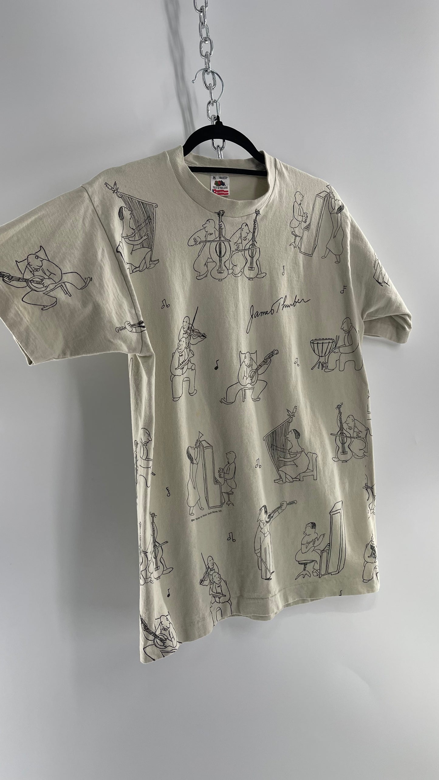 Vintage James Thurber Welcome to the Opera Beige Doodle Comic Sketch T Shirt (M)