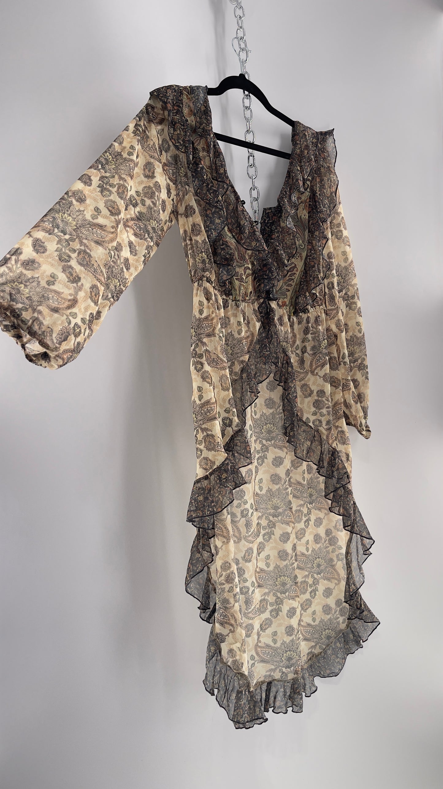 Free People Let Me Be Paisley Dual Toned High Low Sweeping Cape with Ruffled Bust and Hemline with Tags Attached (Small)