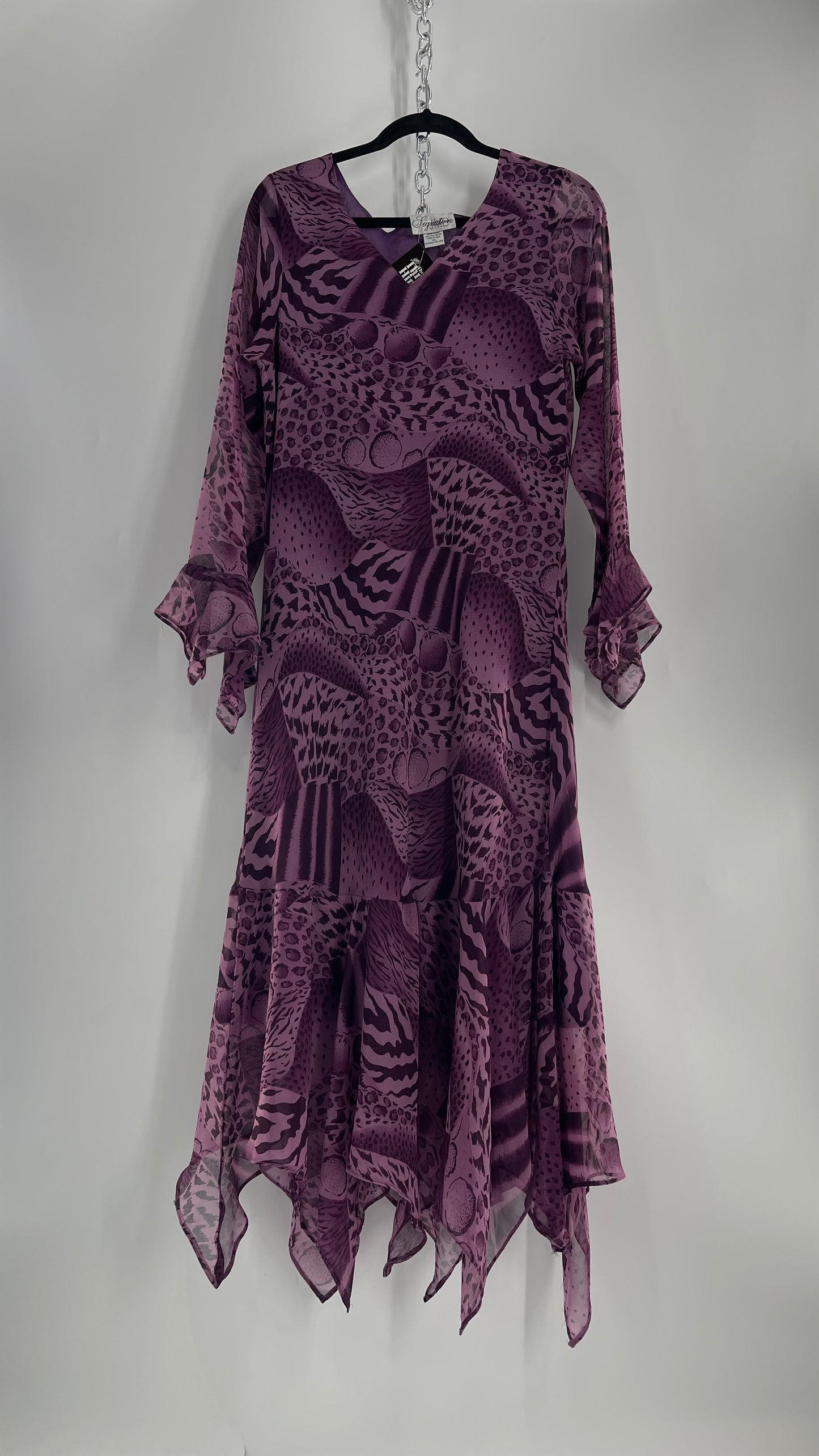 Vintage Signature JMB Suga Plum Fairy, Purple Maxi with Animal Print, Handkerchief Hem and Sleeves (XL)