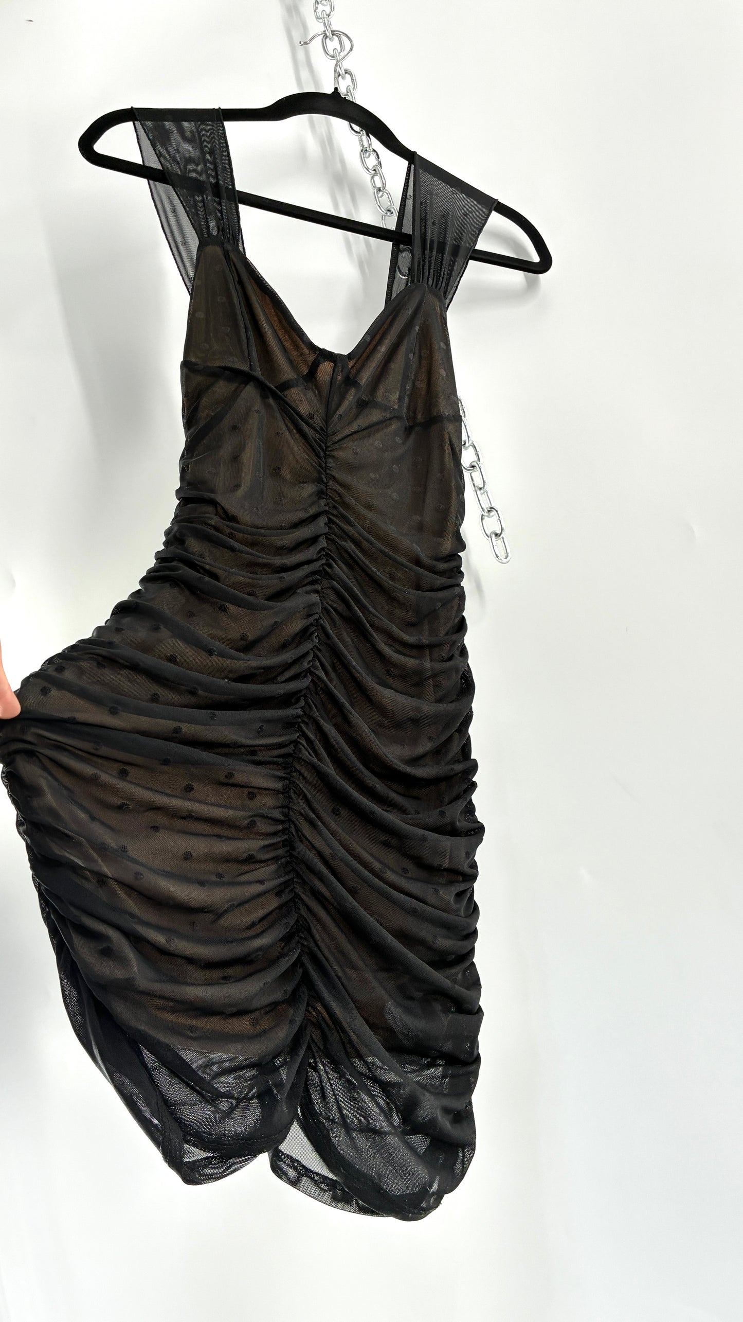 Urban Outfitters Nude Underlay Sheer Black Overlay Polka Dotted and Ruched Bodycon Mini Dress (XS)