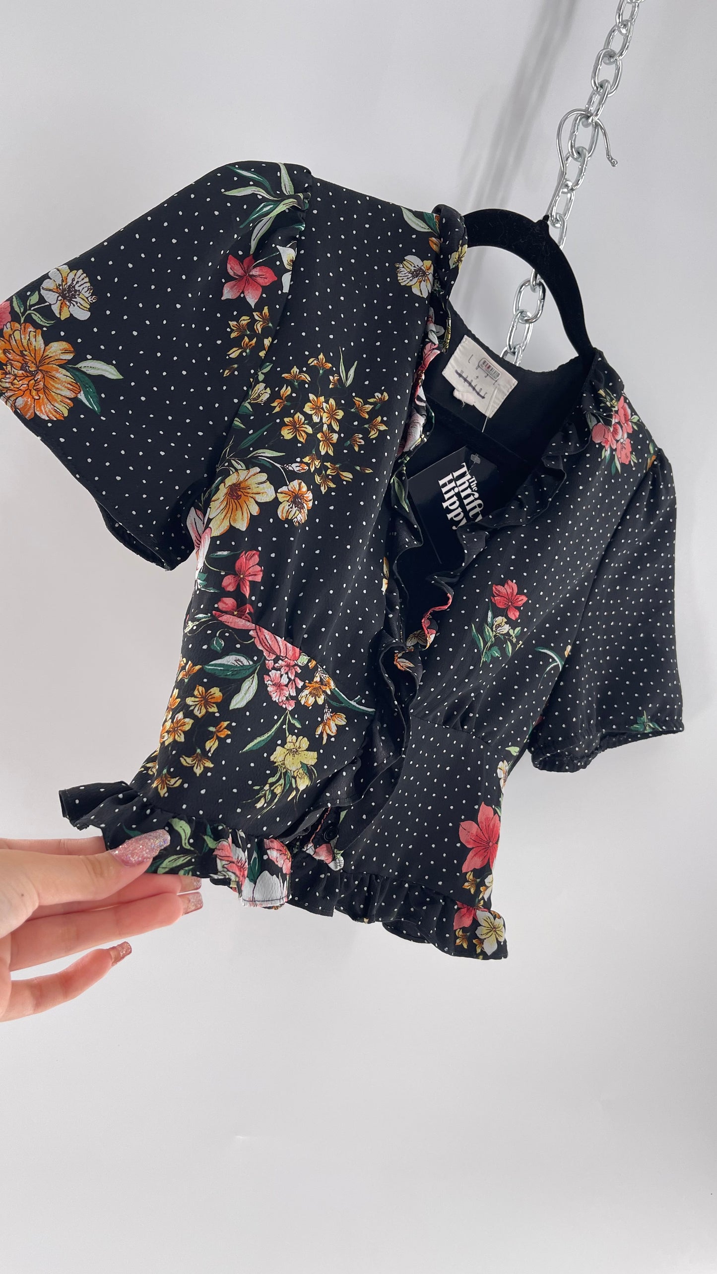 Lost &Wander Polka Dot Florals, Puff Sleeved Button Front (XS)