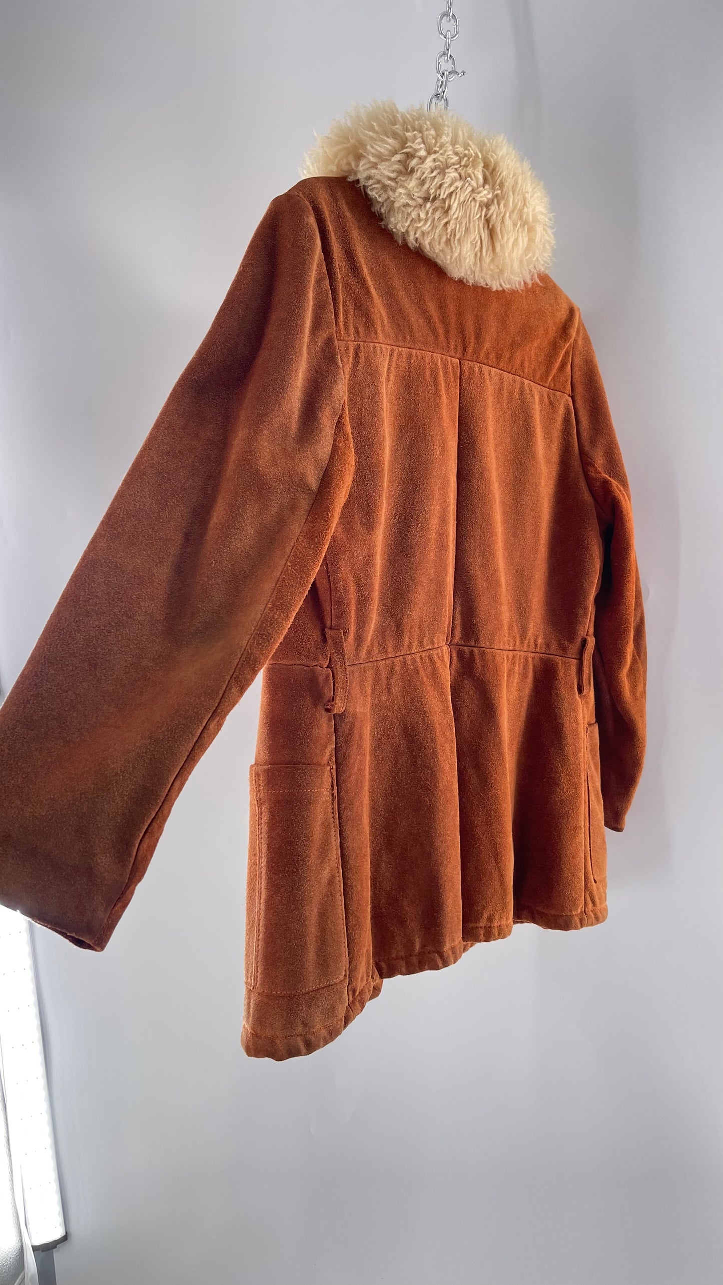 1970s Vintage Burnt Orange Suede Thick Heavy Sherpa Lined Jacket with Genuine Fur Collar (C)(Medium)