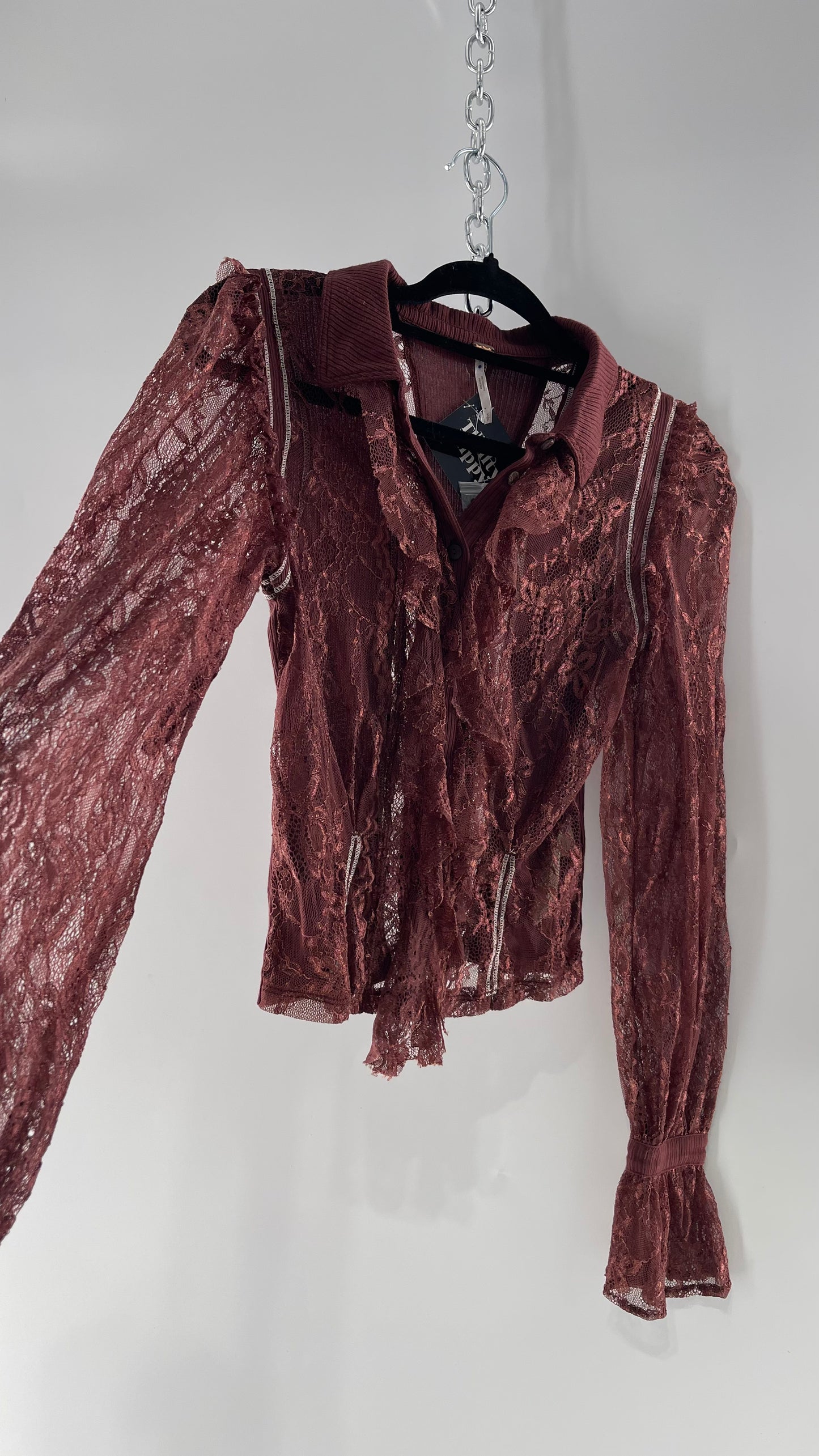 Free People Burgundy Lace Button Front Blouse with Balloon Sleeves and Ruffle Front Detail  (Small)