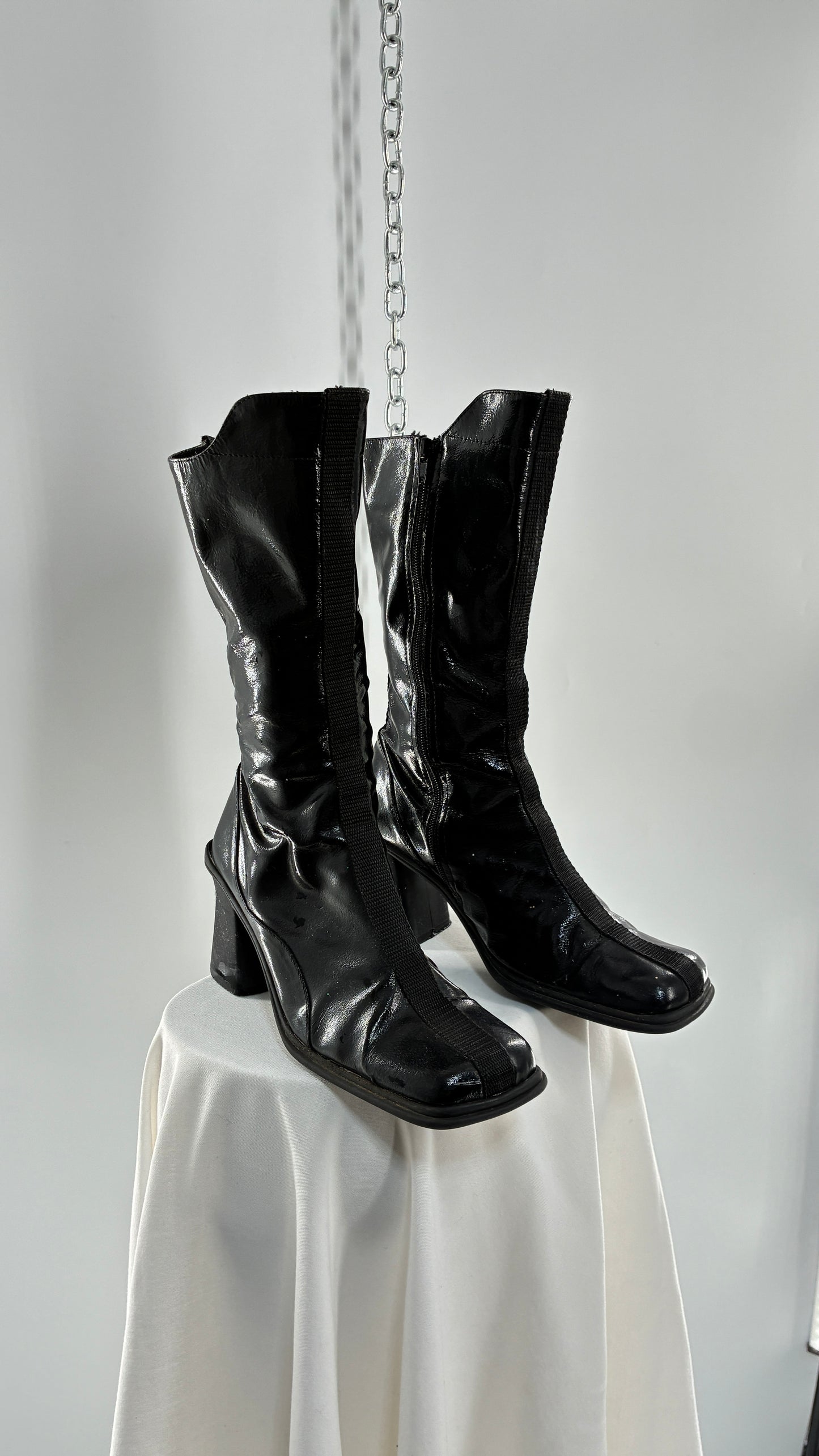 Vintage Black Patent Vinyl Boots with Square Toe and Block Heel with High, Low Calf (40)