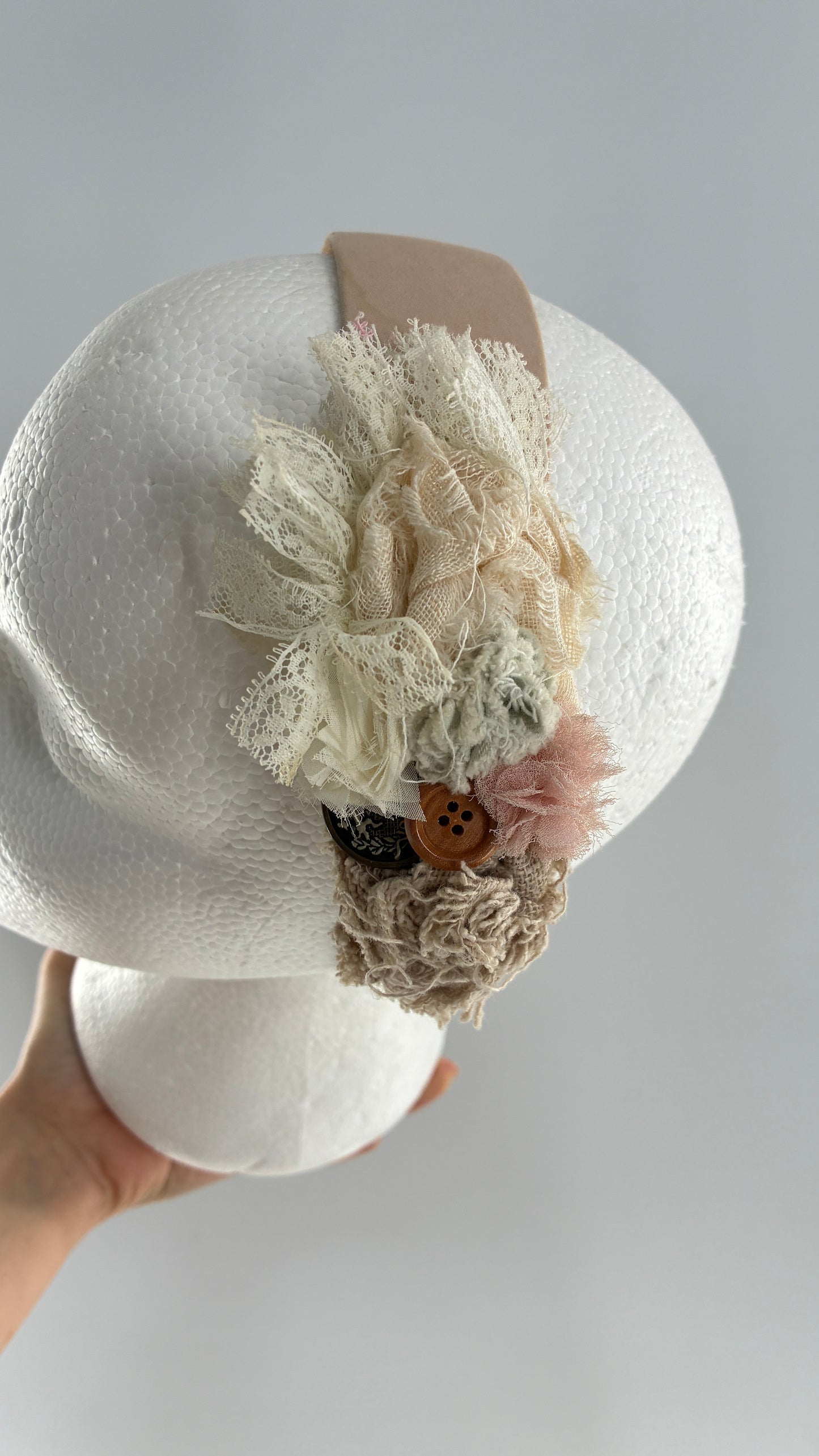 Vintage FARMER Handmade Headband with Ribbon, Flower, Button Appliqués