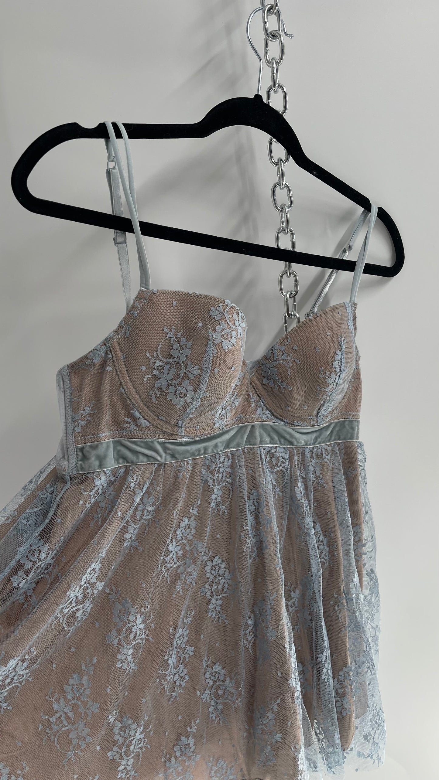 Vintage Tan and Baby Blue Lace Babydoll with Velvet Band