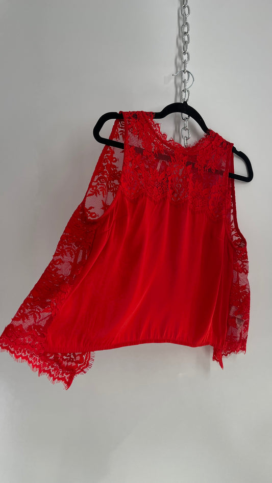 Free People Red Silky Lacy Open Back Tank (Medium)