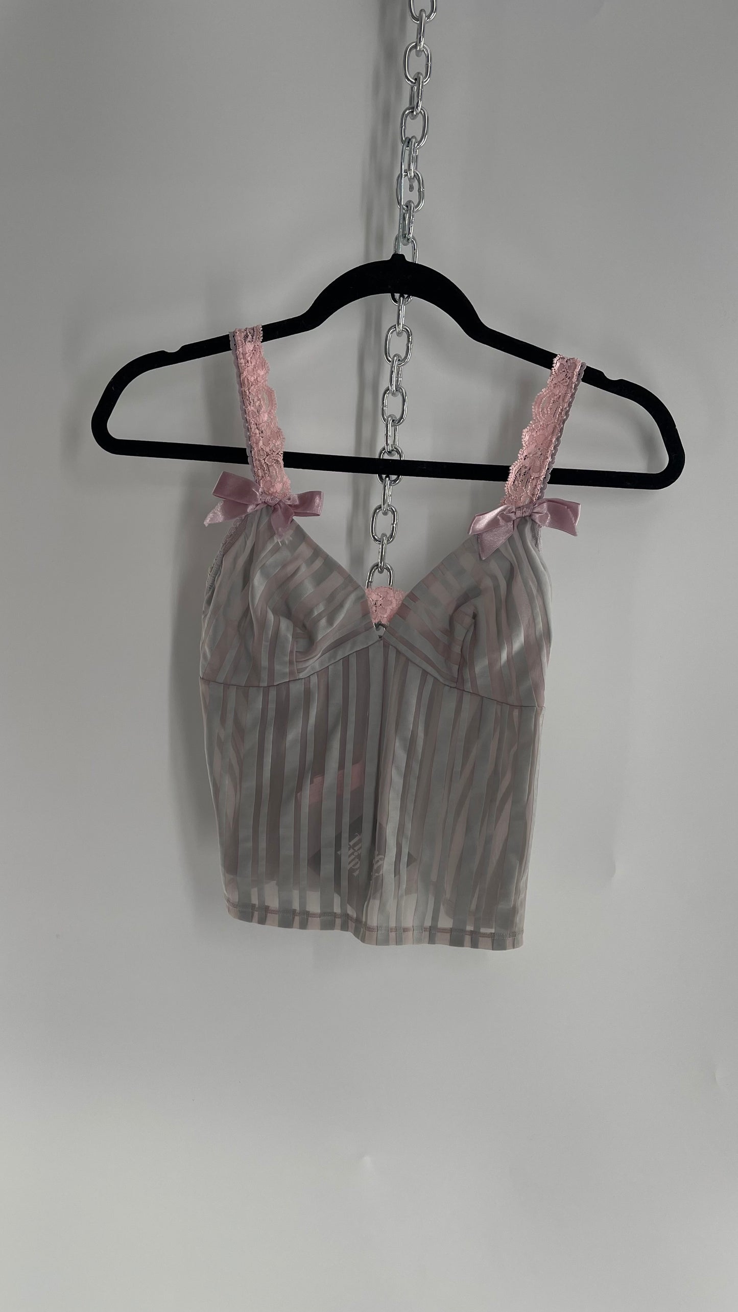 Sophie B Vintage Gray Sheer Striped Camisole Tank with Pink Lace, Bows and Ribbon (M)